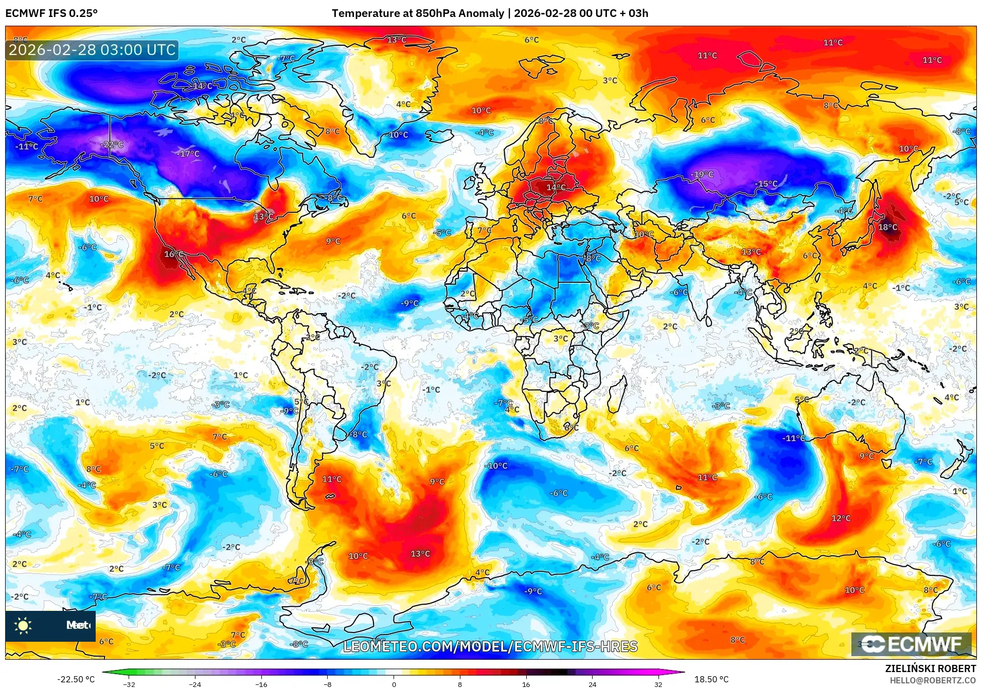 ECMWF IFS 0.25° model - World, Temperature at 850hPa Anomaly