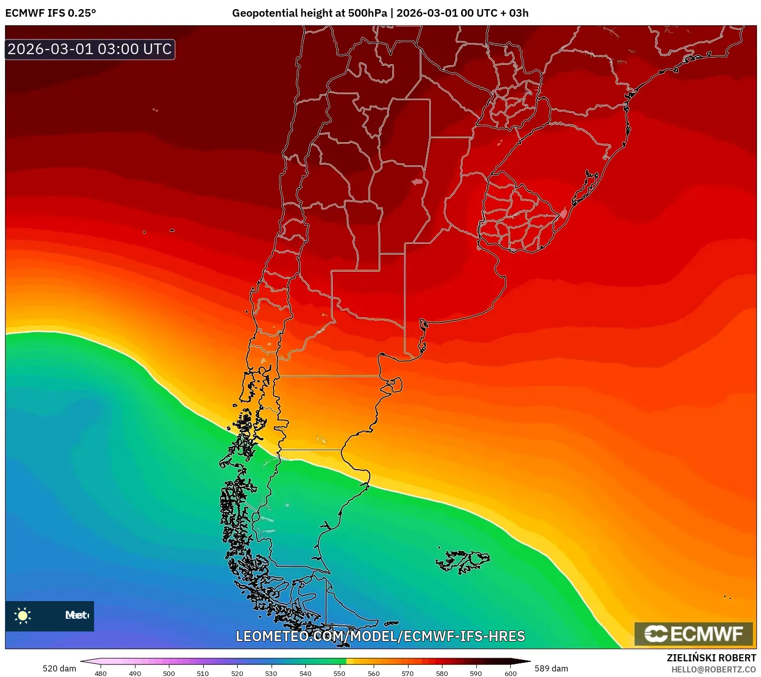 ECMWF IFS 0.25° model - Argentina, Geopotential height at 500hPa