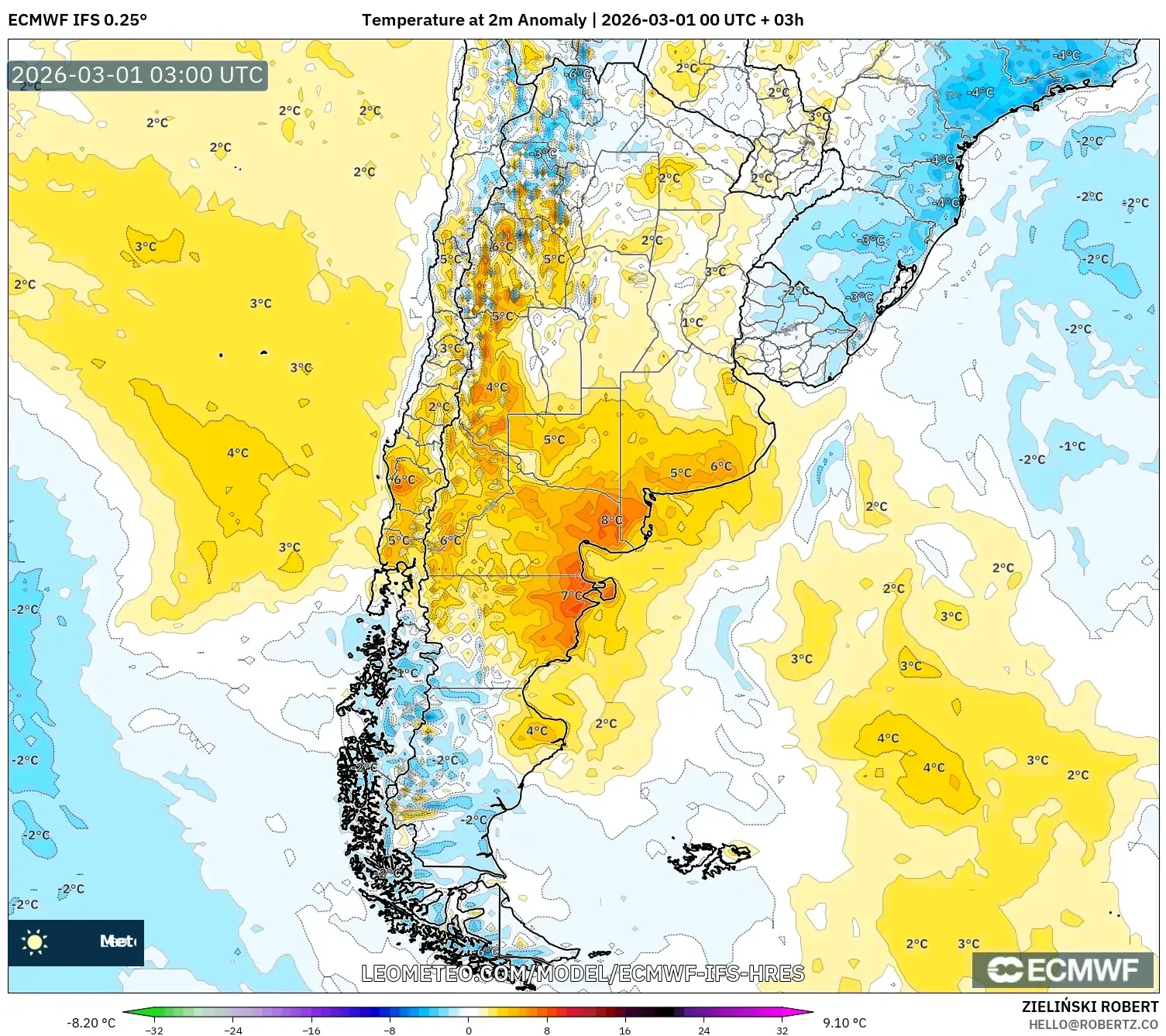 ECMWF IFS 0.25° model - Argentina, Temperature at 2m Anomaly