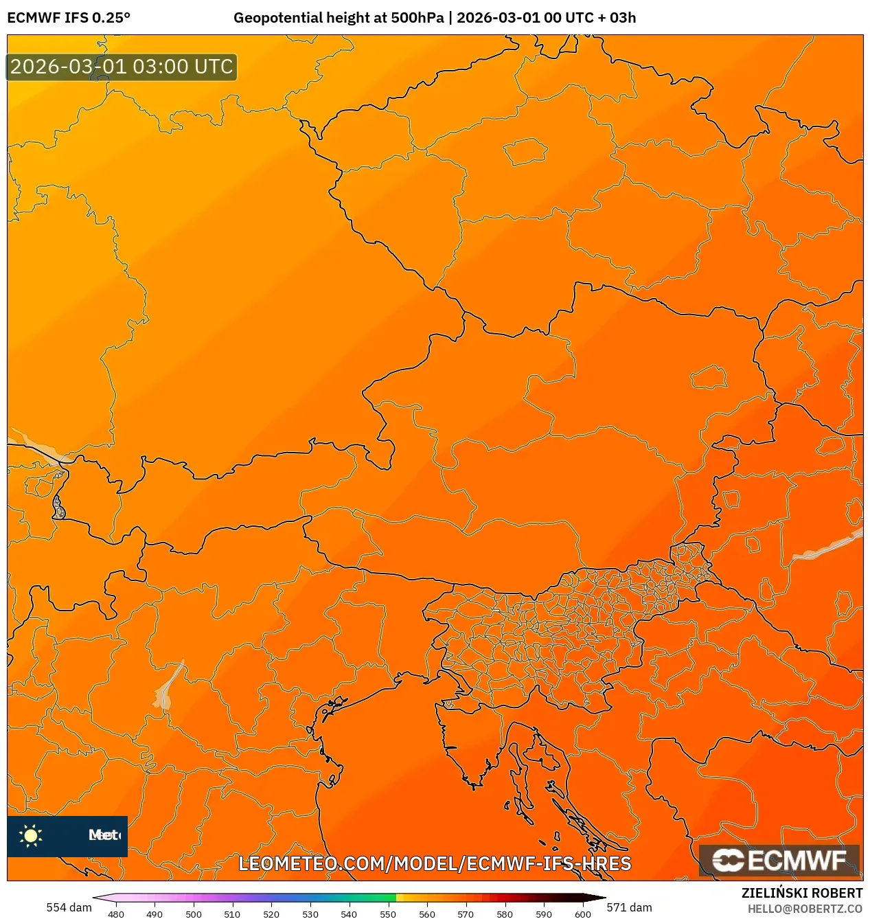 ECMWF IFS 0.25° model - Austria, Geopotential height at 500hPa