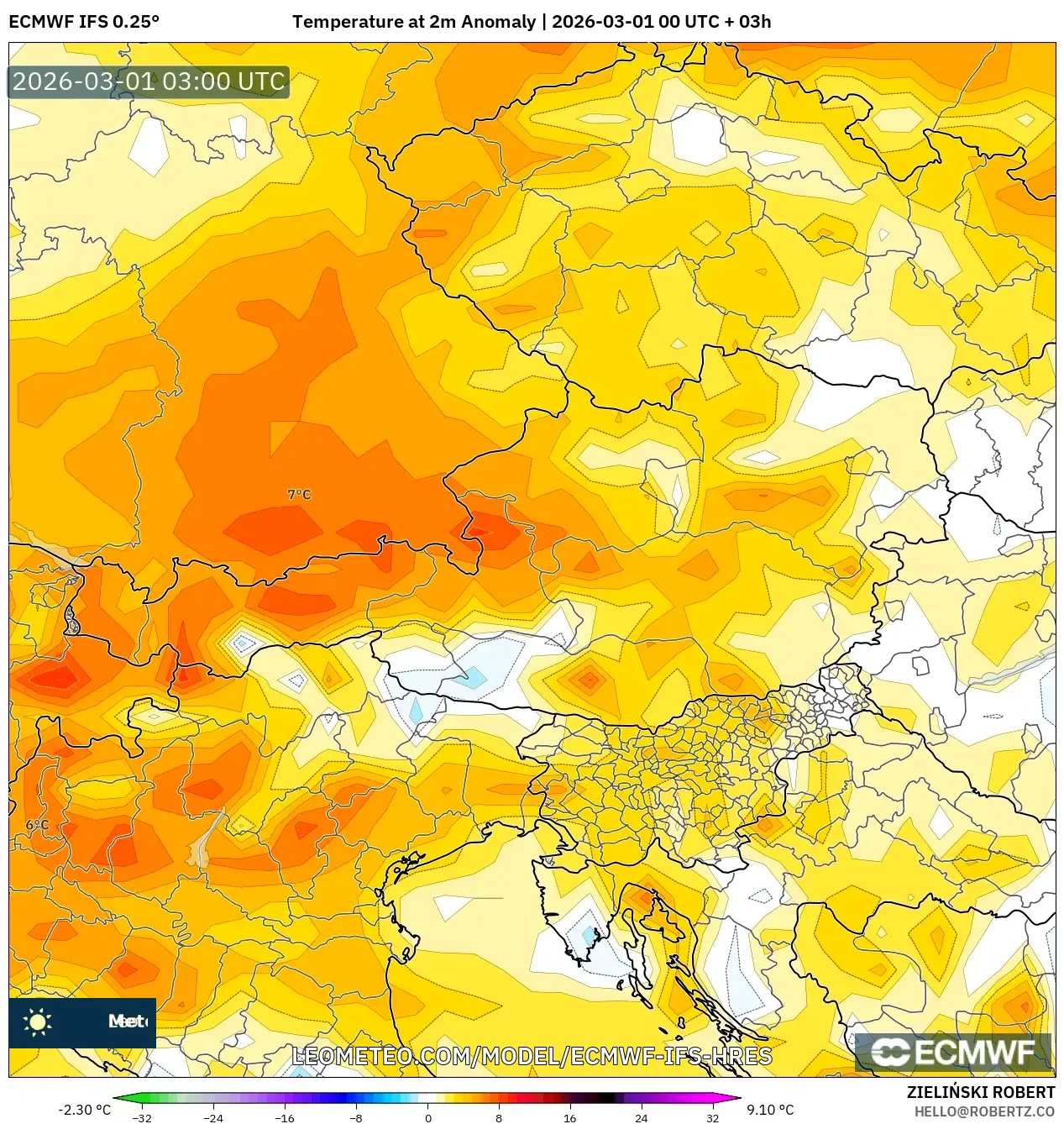 ECMWF IFS 0.25° model - Austria, Temperature at 2m Anomaly