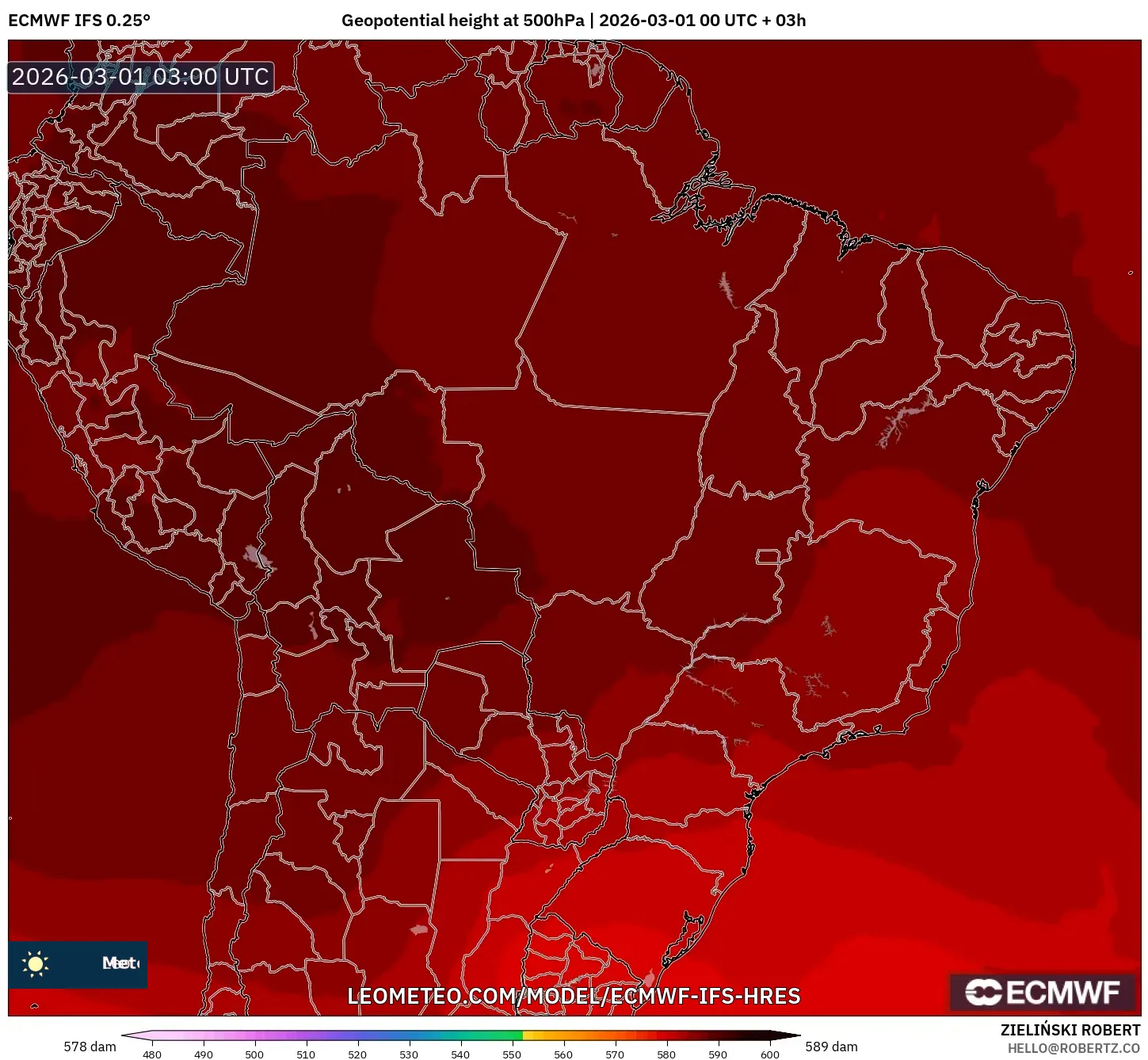 ECMWF IFS 0.25° model - Brazil, Geopotential height at 500hPa