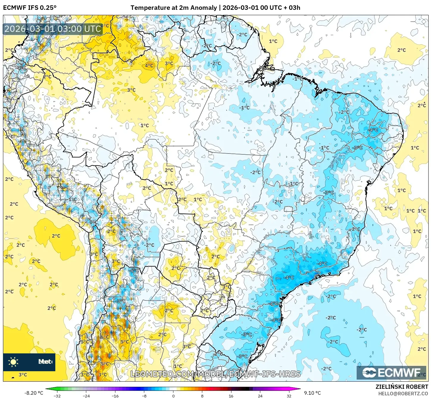 ECMWF IFS 0.25° model - Brazil, Temperature at 2m Anomaly