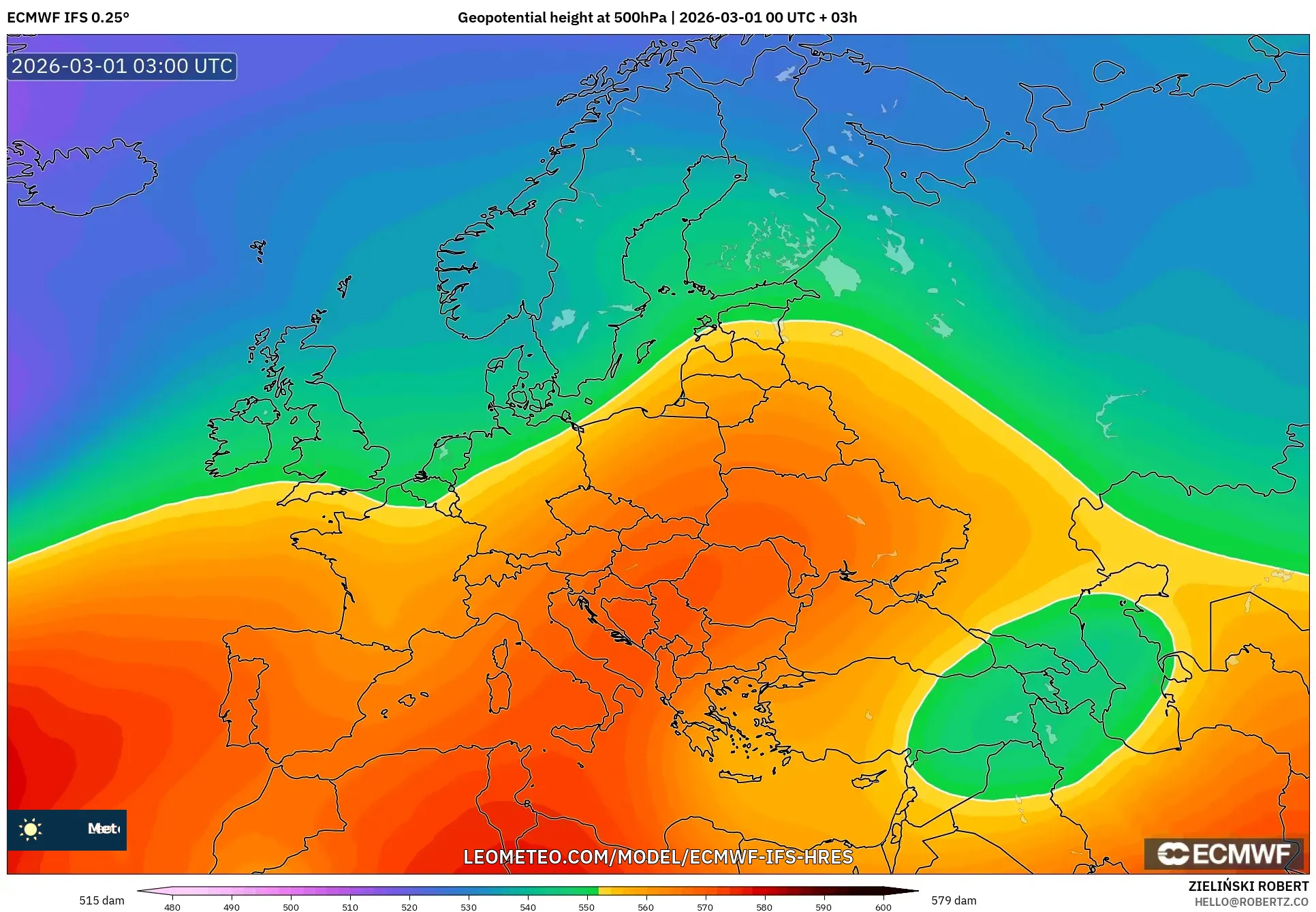 ECMWF IFS 0.25° model - Europe, Geopotential height at 500hPa