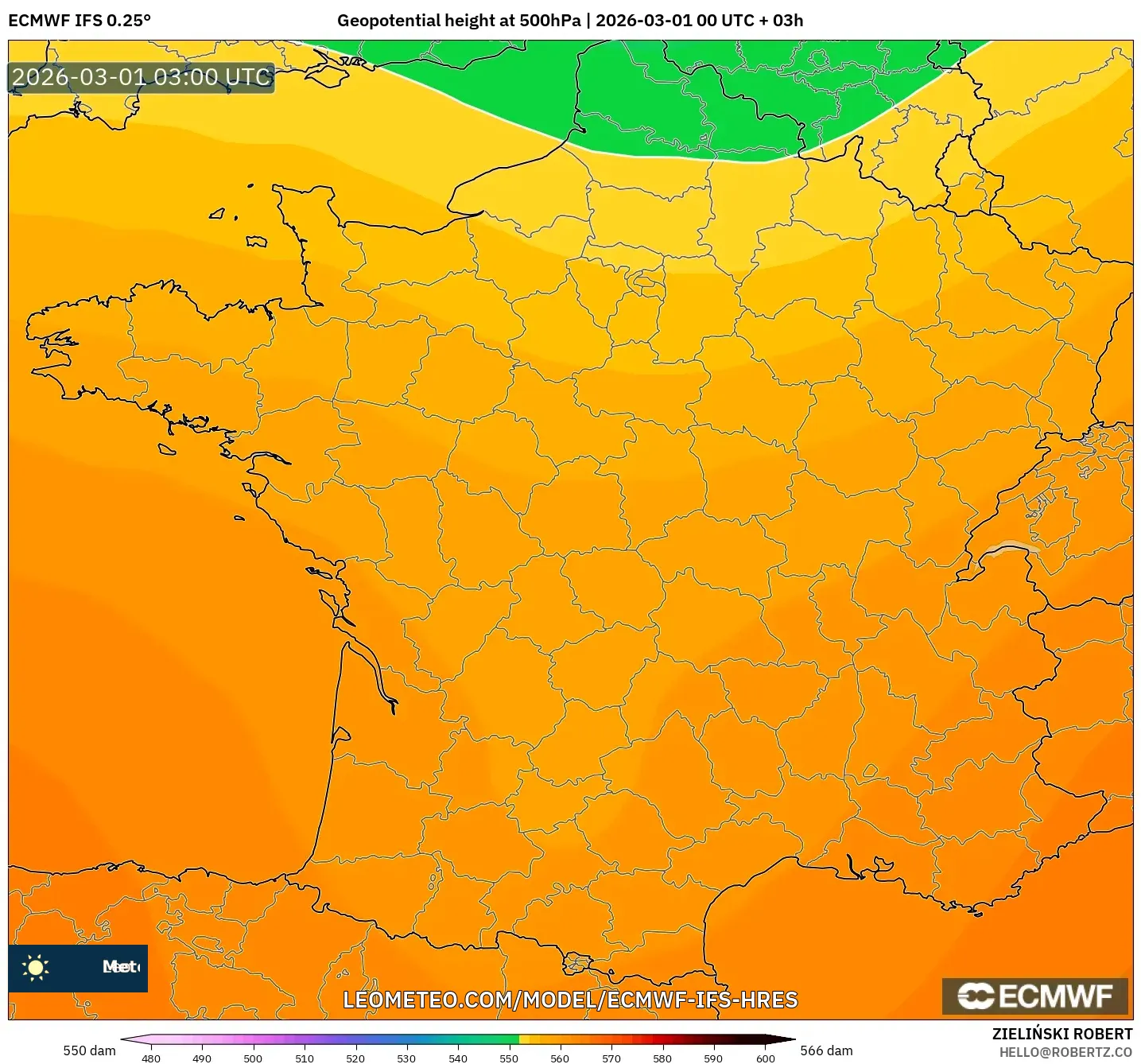 ECMWF IFS 0.25° model - France, Geopotential height at 500hPa