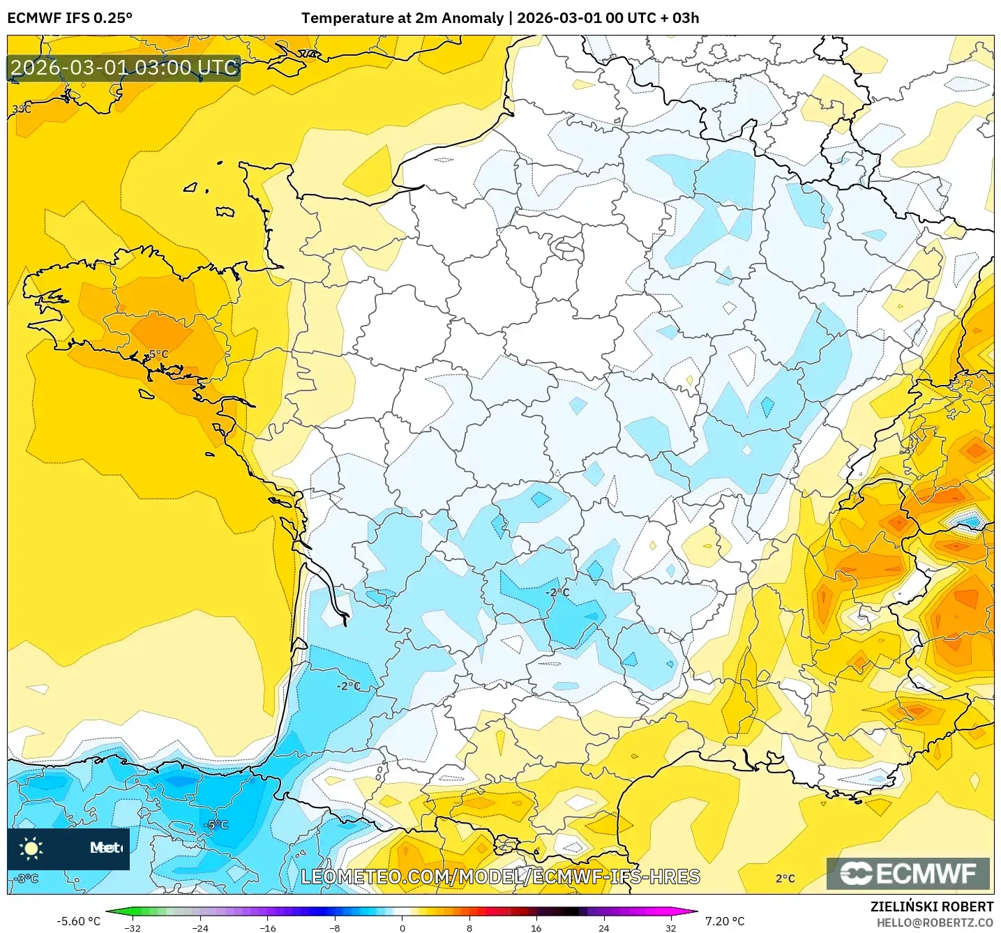 ECMWF IFS 0.25° model - France, Temperature at 2m Anomaly