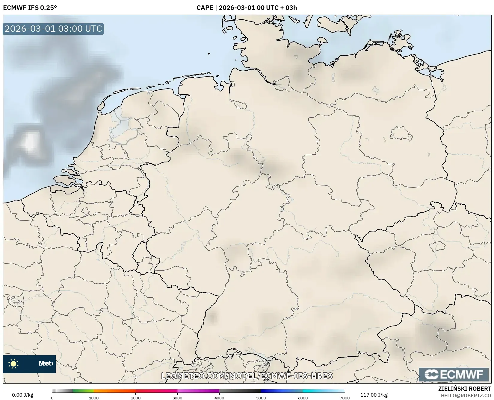 ECMWF IFS 0.25° model - Germany, CAPE