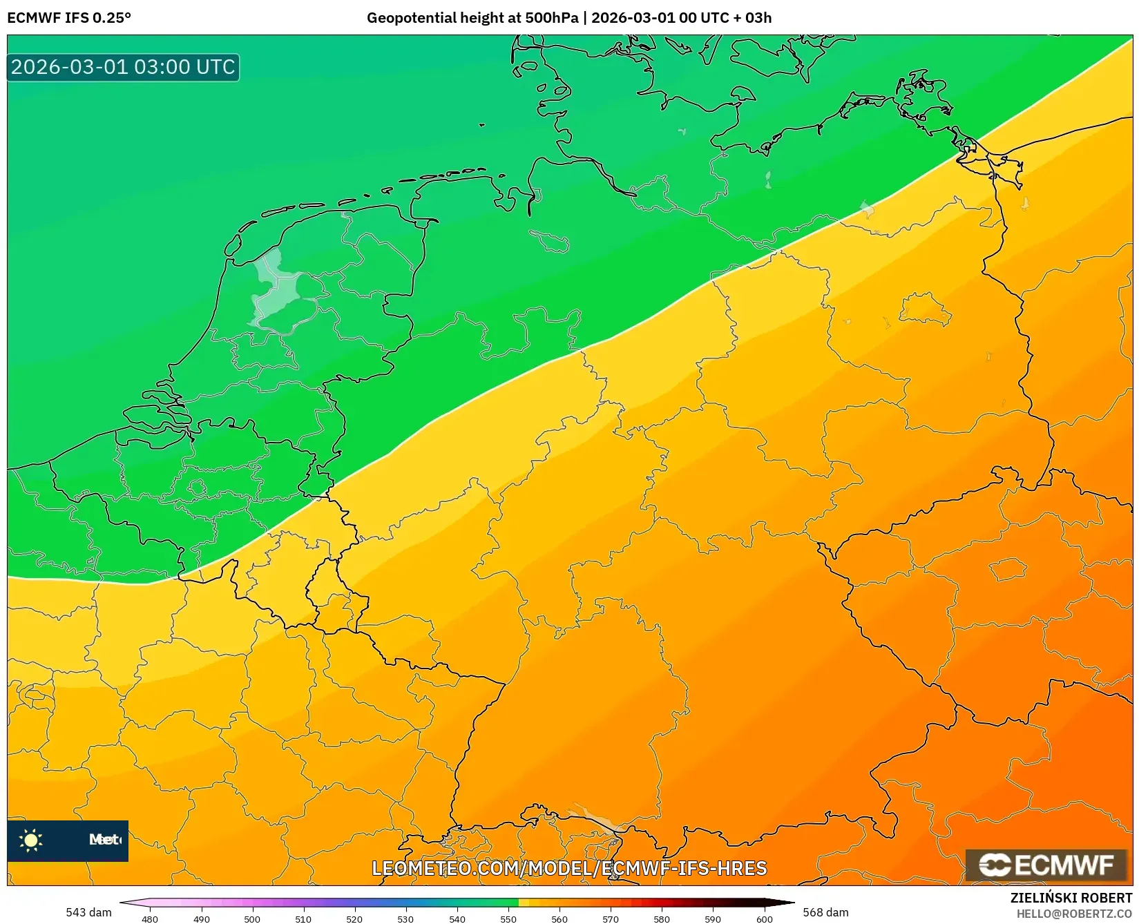 ECMWF IFS 0.25° model - Germany, Geopotential height at 500hPa