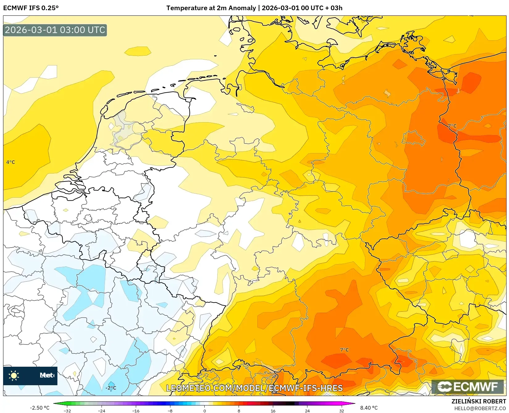 ECMWF IFS 0.25° model - Germany, Temperature at 2m Anomaly