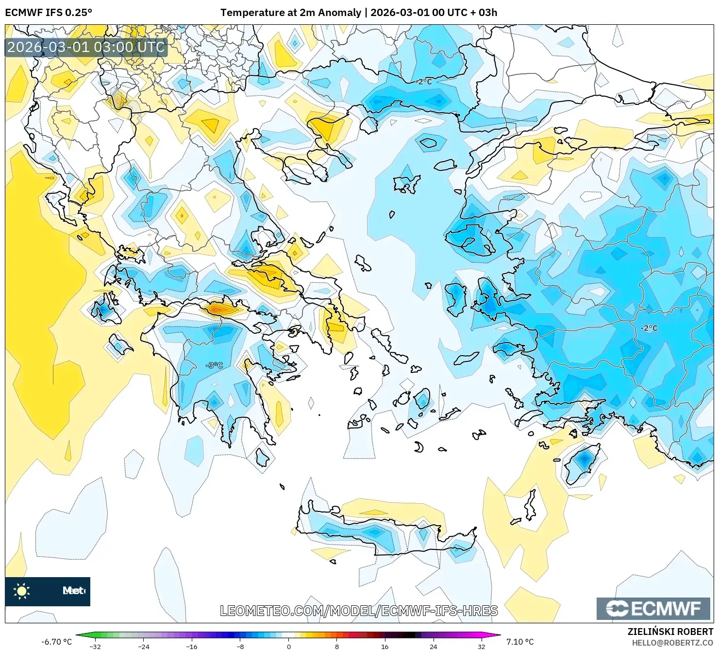 ECMWF IFS 0.25° model - Greece, Temperature at 2m Anomaly