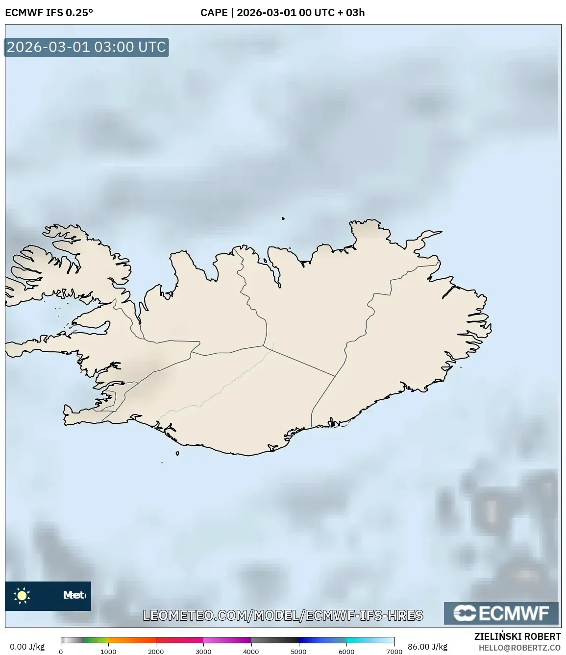 ECMWF IFS 0.25° model - Iceland, CAPE