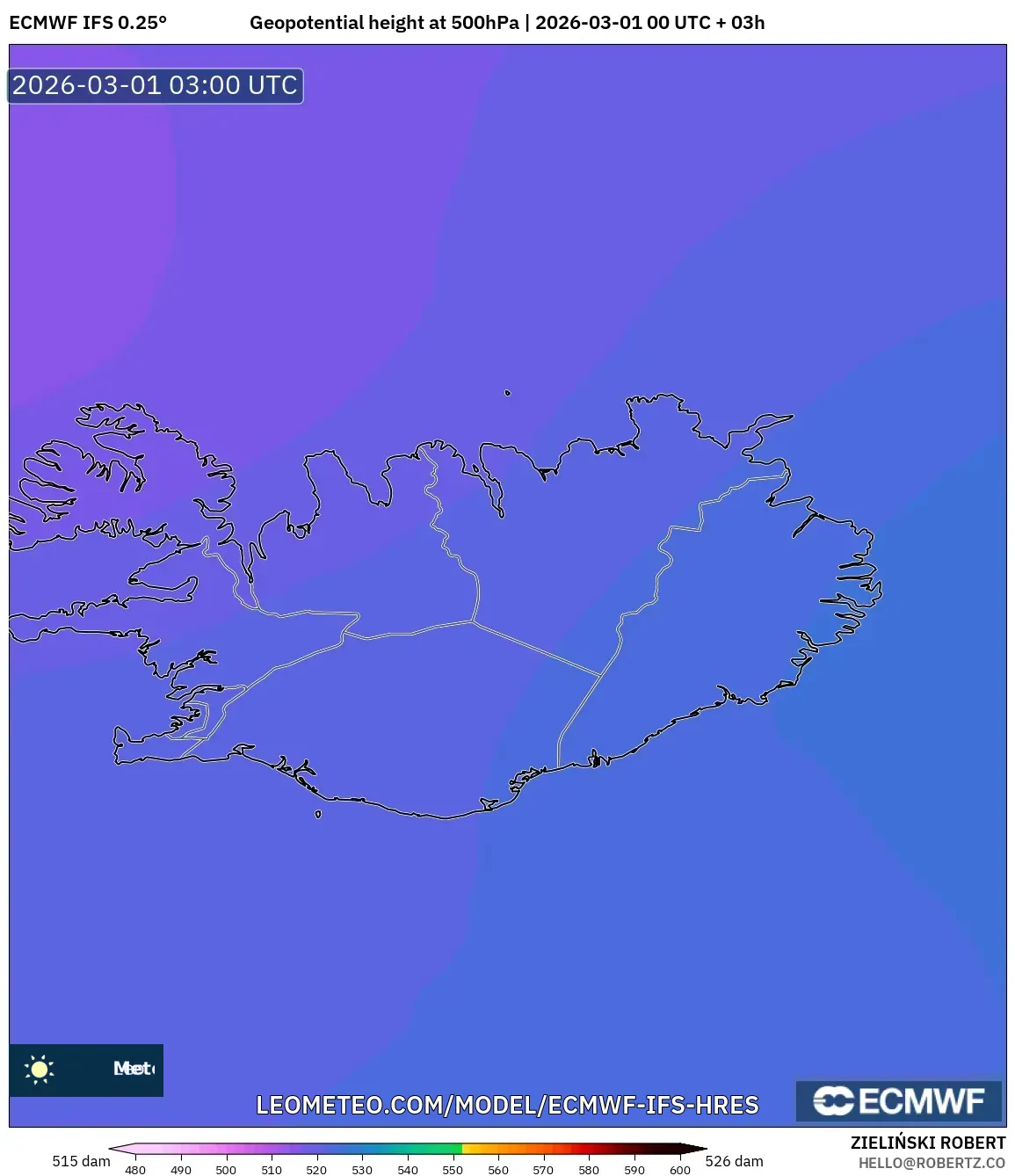 ECMWF IFS 0.25° model - Iceland, Geopotential height at 500hPa