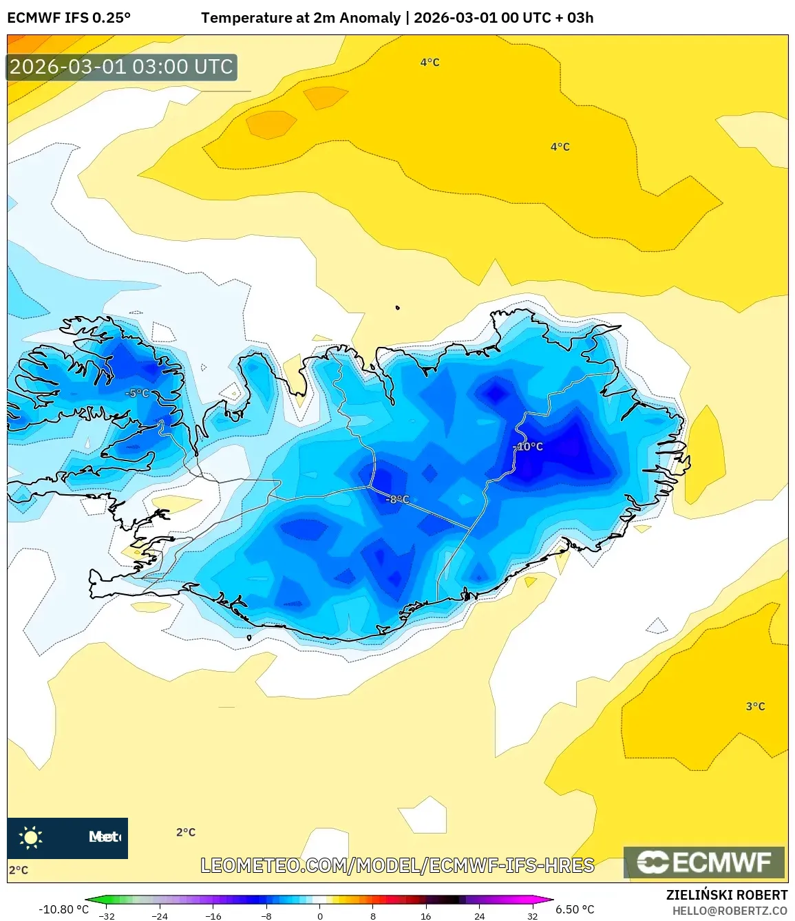 ECMWF IFS 0.25° model - Iceland, Temperature at 2m Anomaly