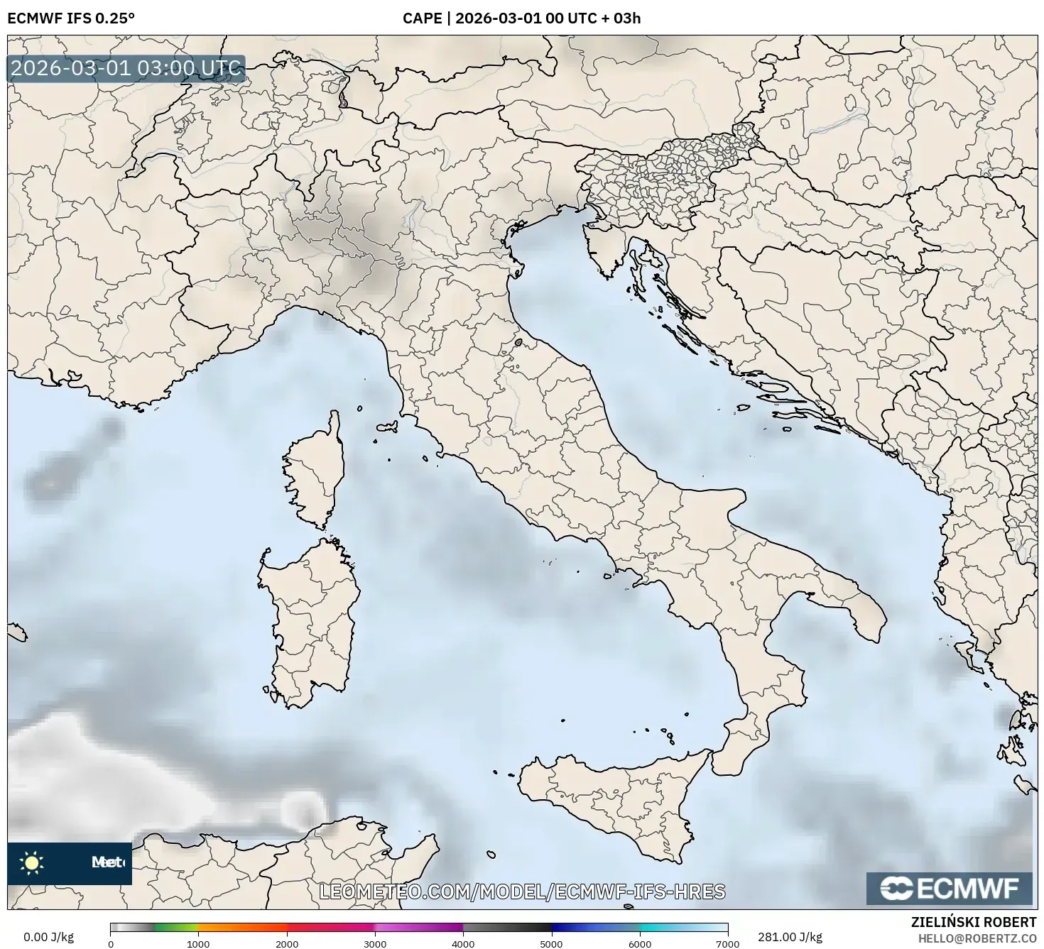 ECMWF IFS 0.25° model - Italy, CAPE