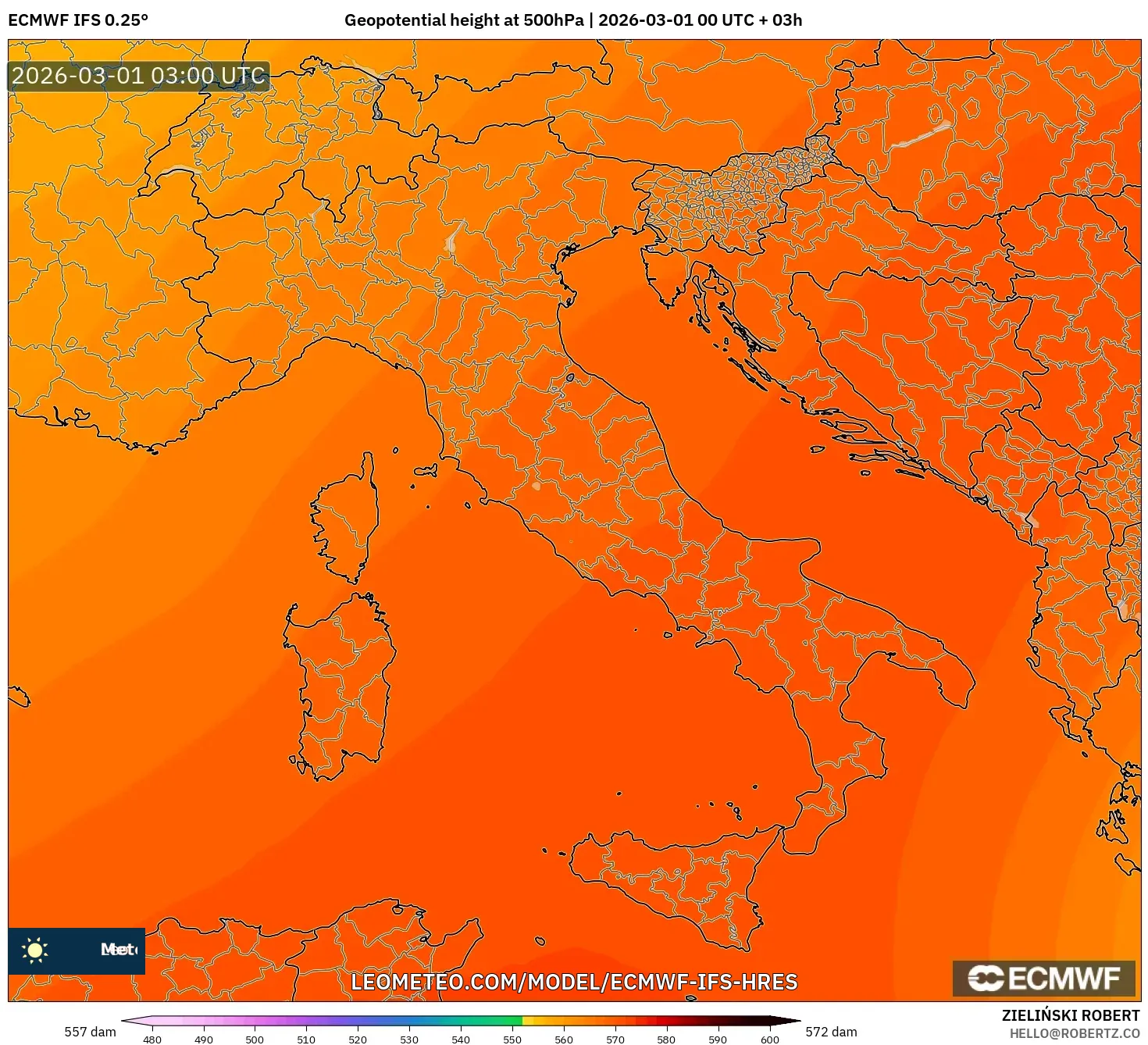 ECMWF IFS 0.25° model - Italy, Geopotential height at 500hPa
