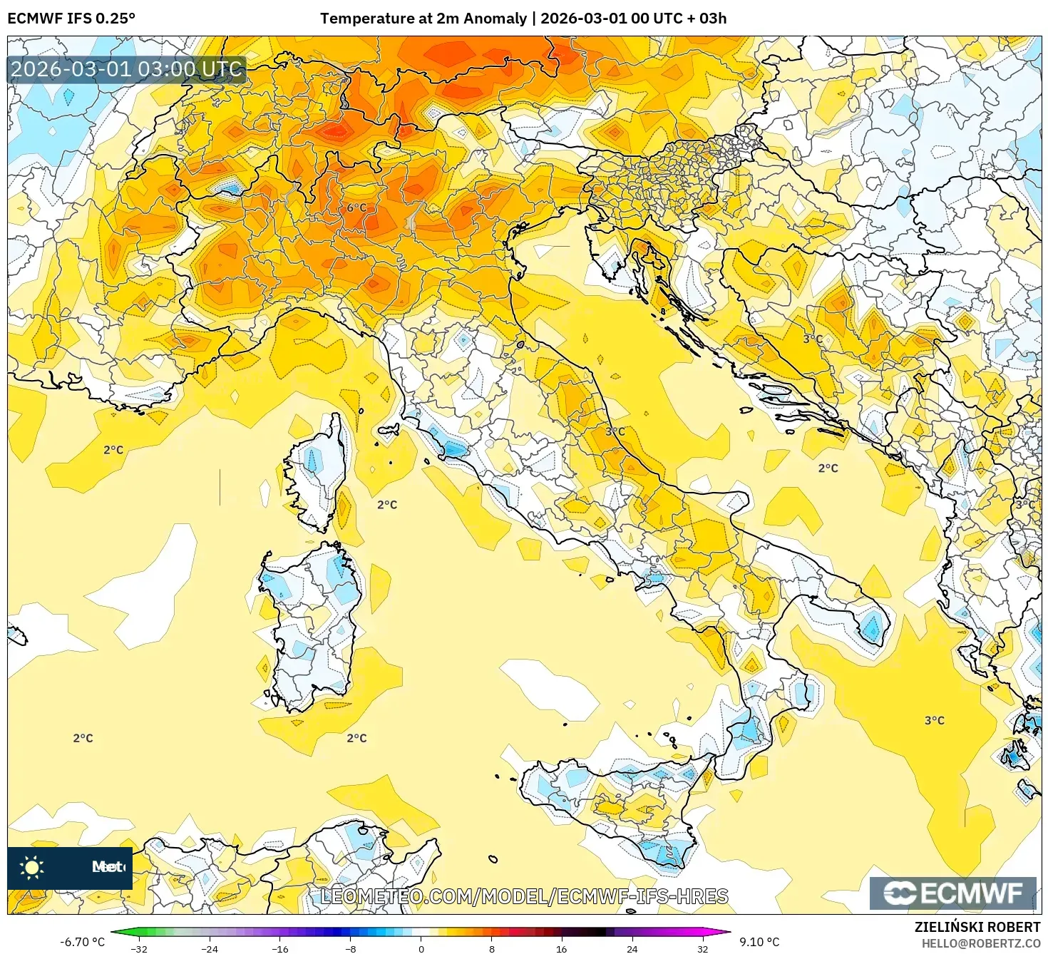 ECMWF IFS 0.25° model - Italy, Temperature at 2m Anomaly