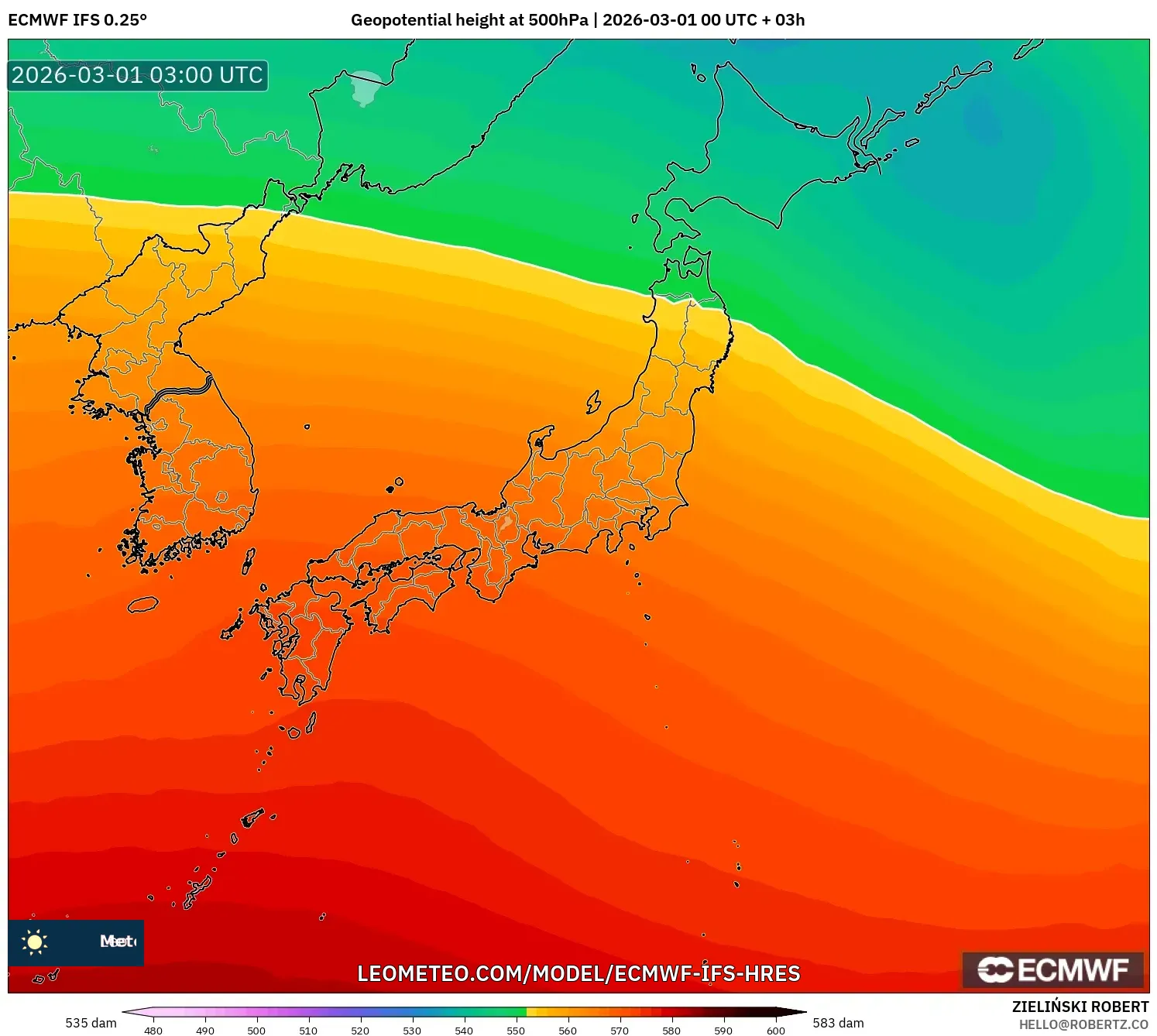 ECMWF IFS 0.25° model - Japan, Geopotential height at 500hPa
