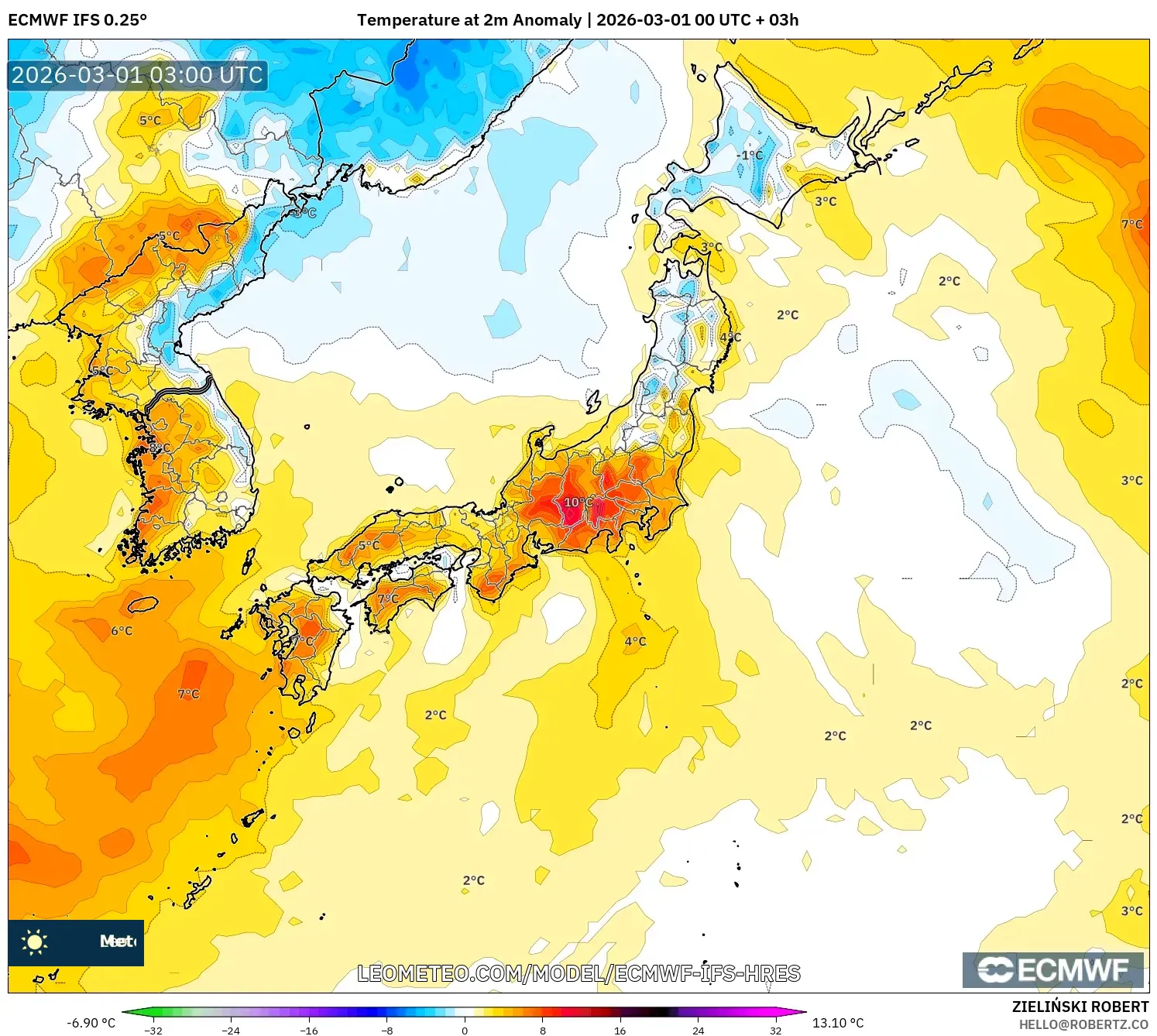 ECMWF IFS 0.25° model - Japan, Temperature at 2m Anomaly