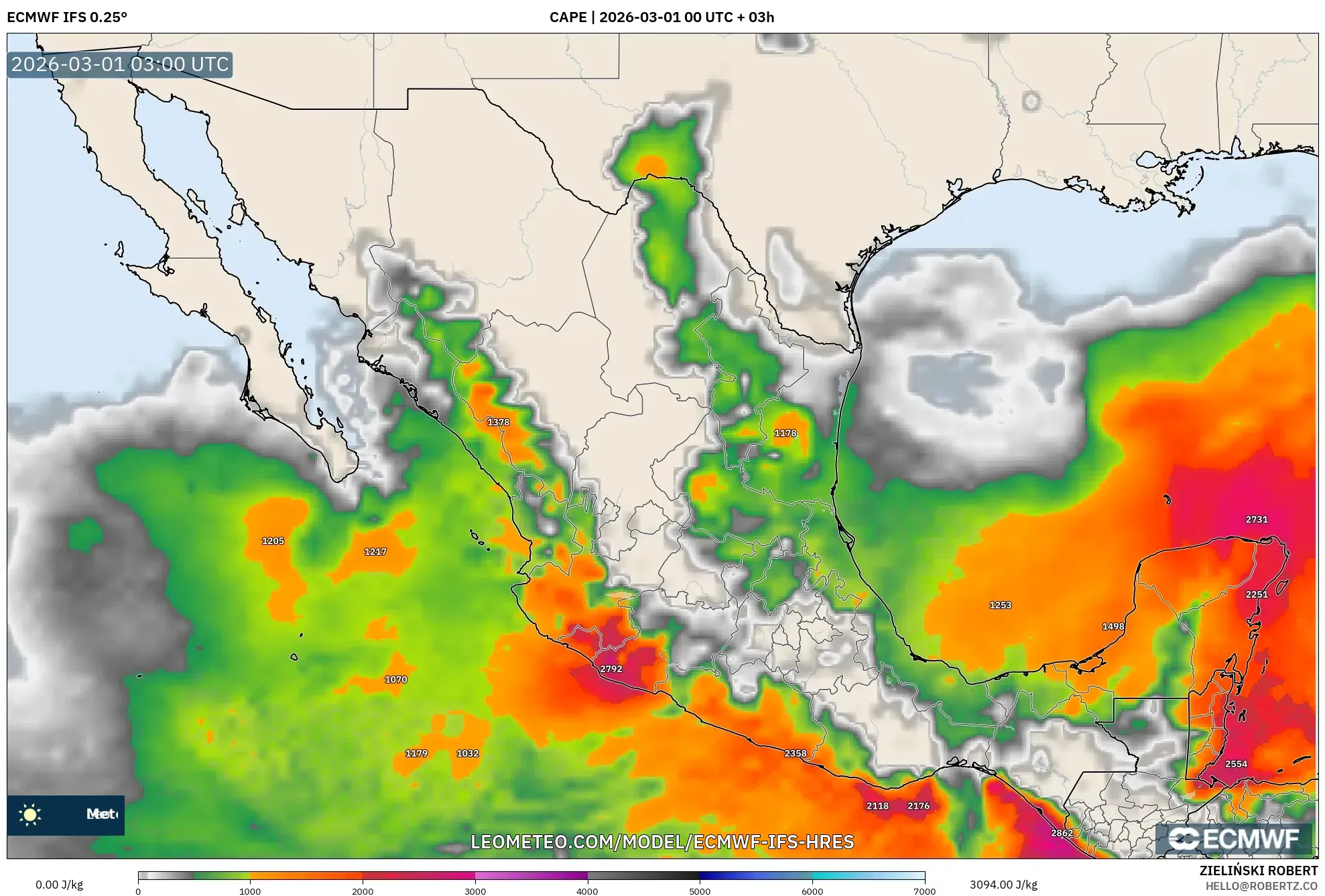 ECMWF IFS 0.25° model - Mexico, CAPE