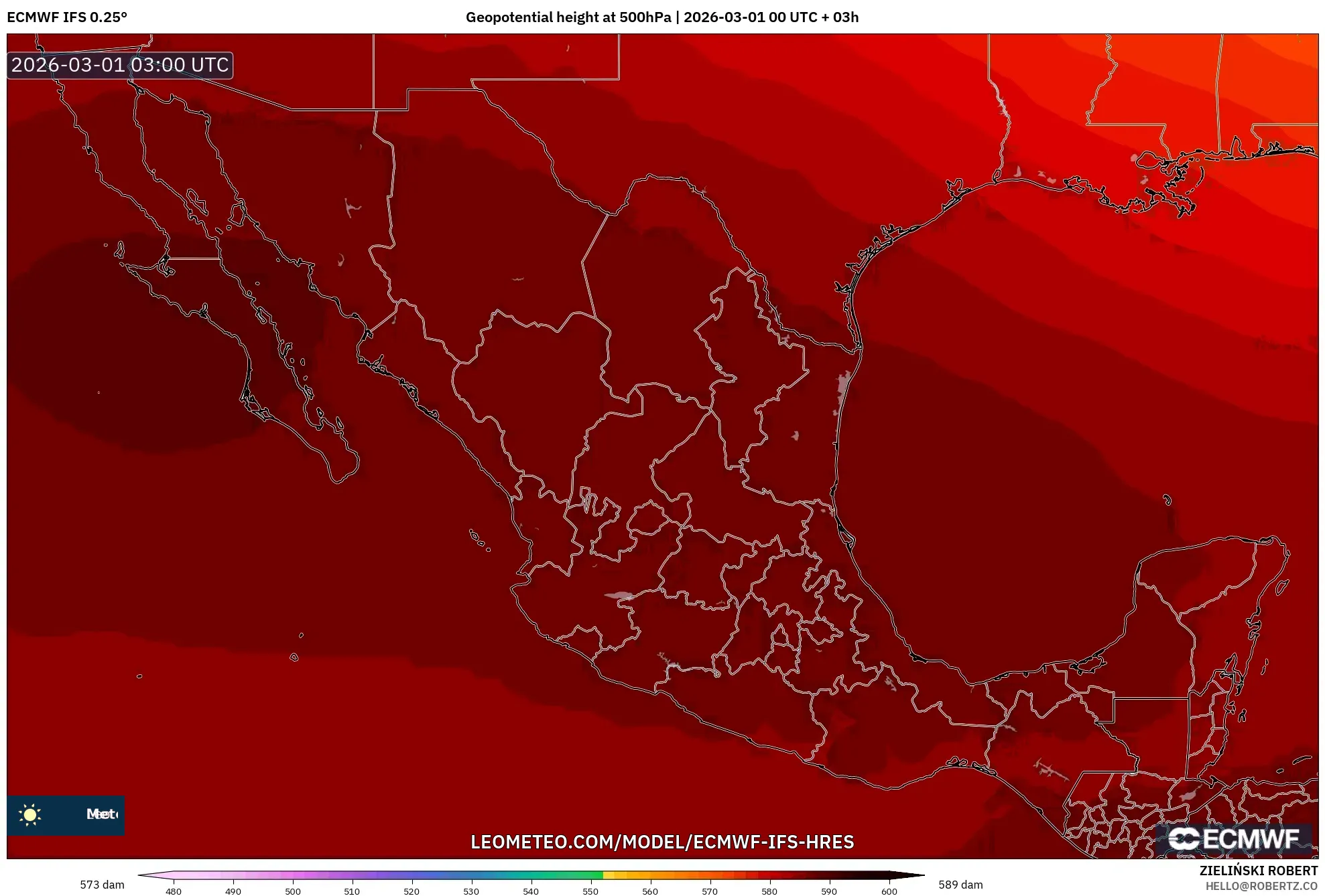 ECMWF IFS 0.25° model - Mexico, Geopotential height at 500hPa