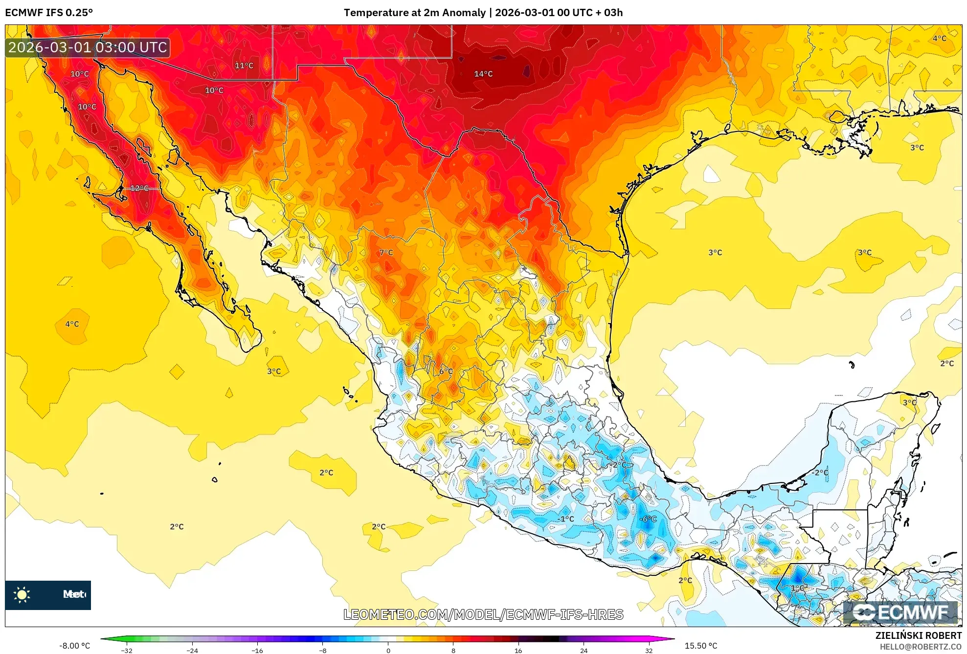 ECMWF IFS 0.25° model - Mexico, Temperature at 2m Anomaly