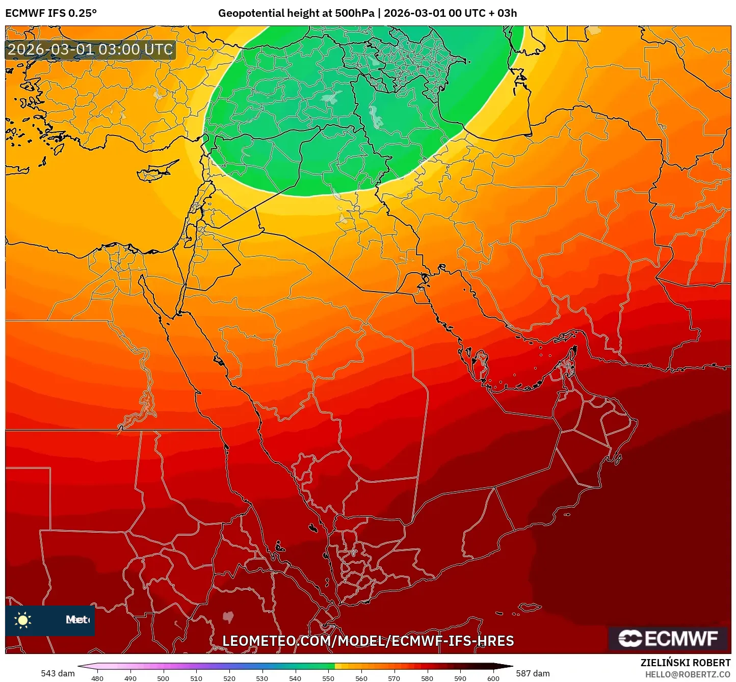 ECMWF IFS 0.25° model - Middle East, Geopotential height at 500hPa