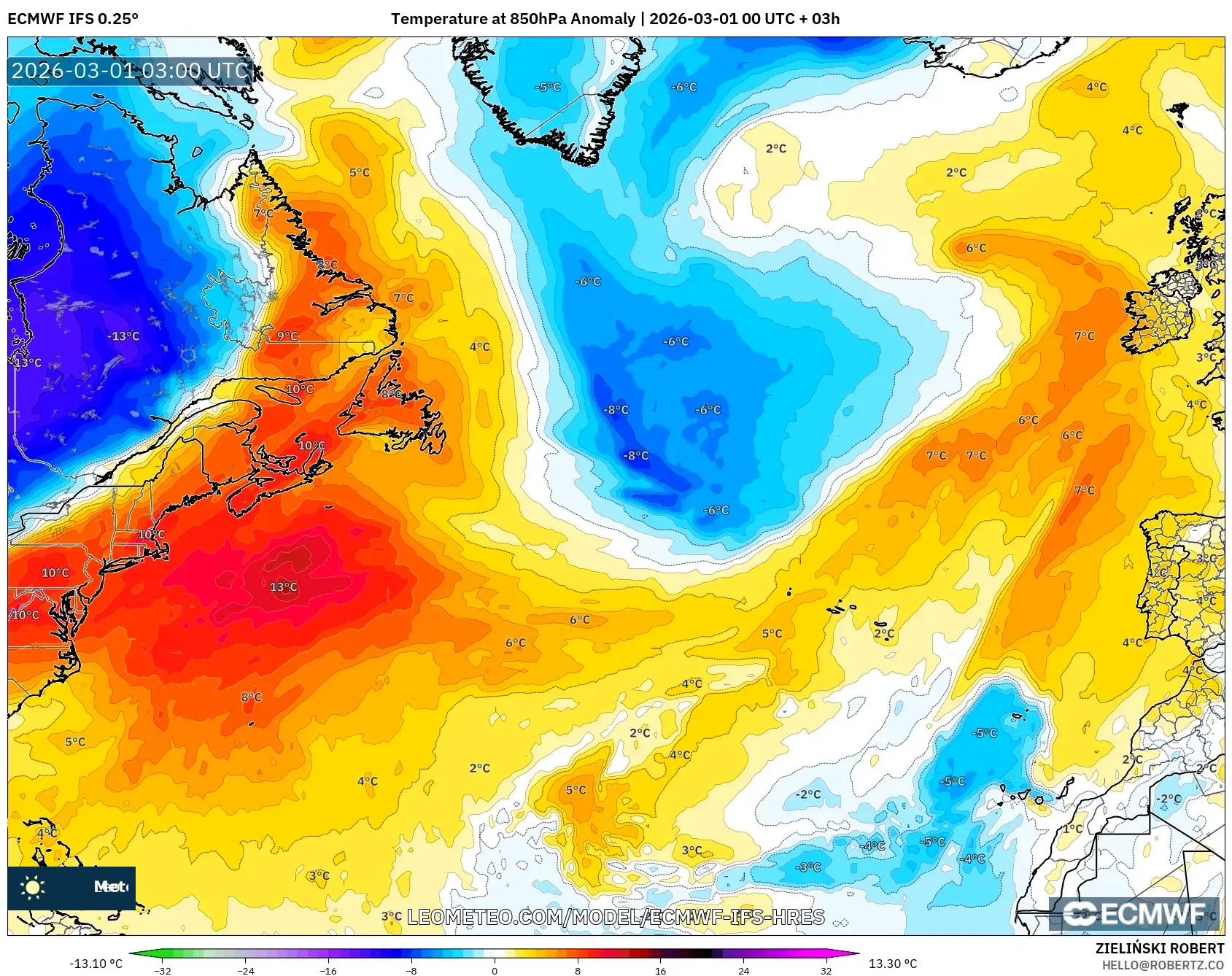 ECMWF IFS 0.25° model - North Atlantic, Temperature at 850hPa Anomaly