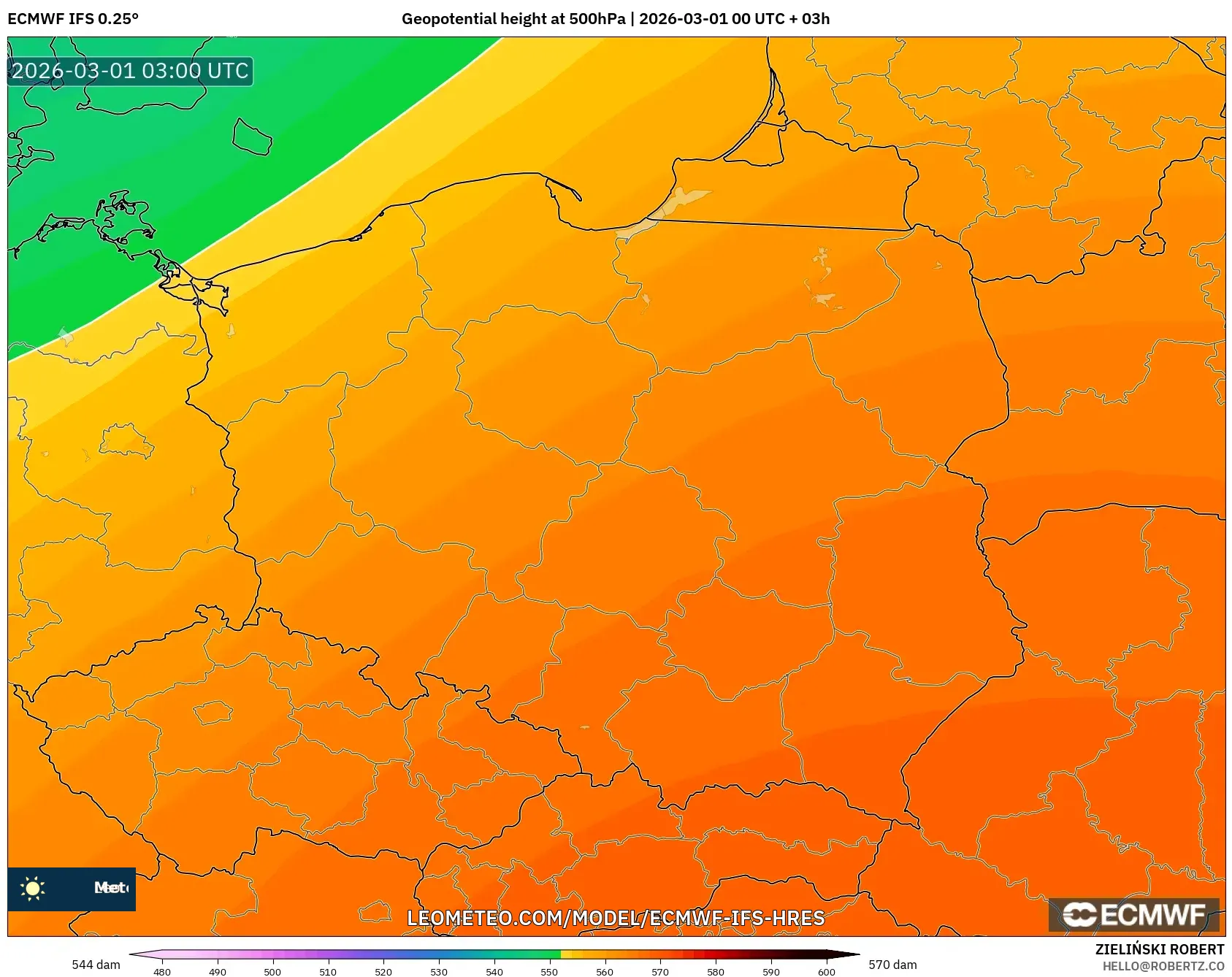 ECMWF IFS 0.25° model - Poland, Geopotential height at 500hPa