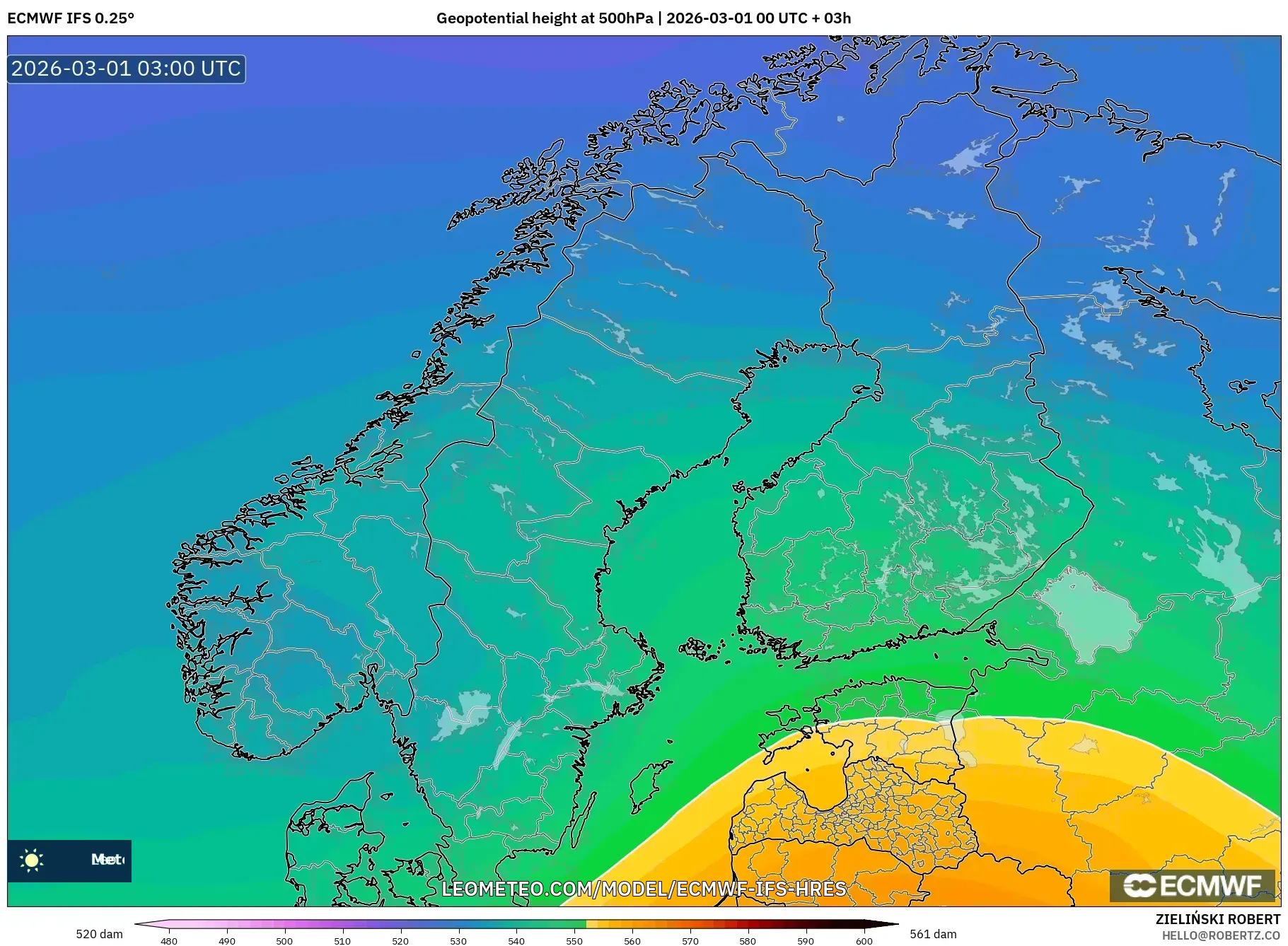 ECMWF IFS 0.25° model - Scandinavia, Geopotential height at 500hPa