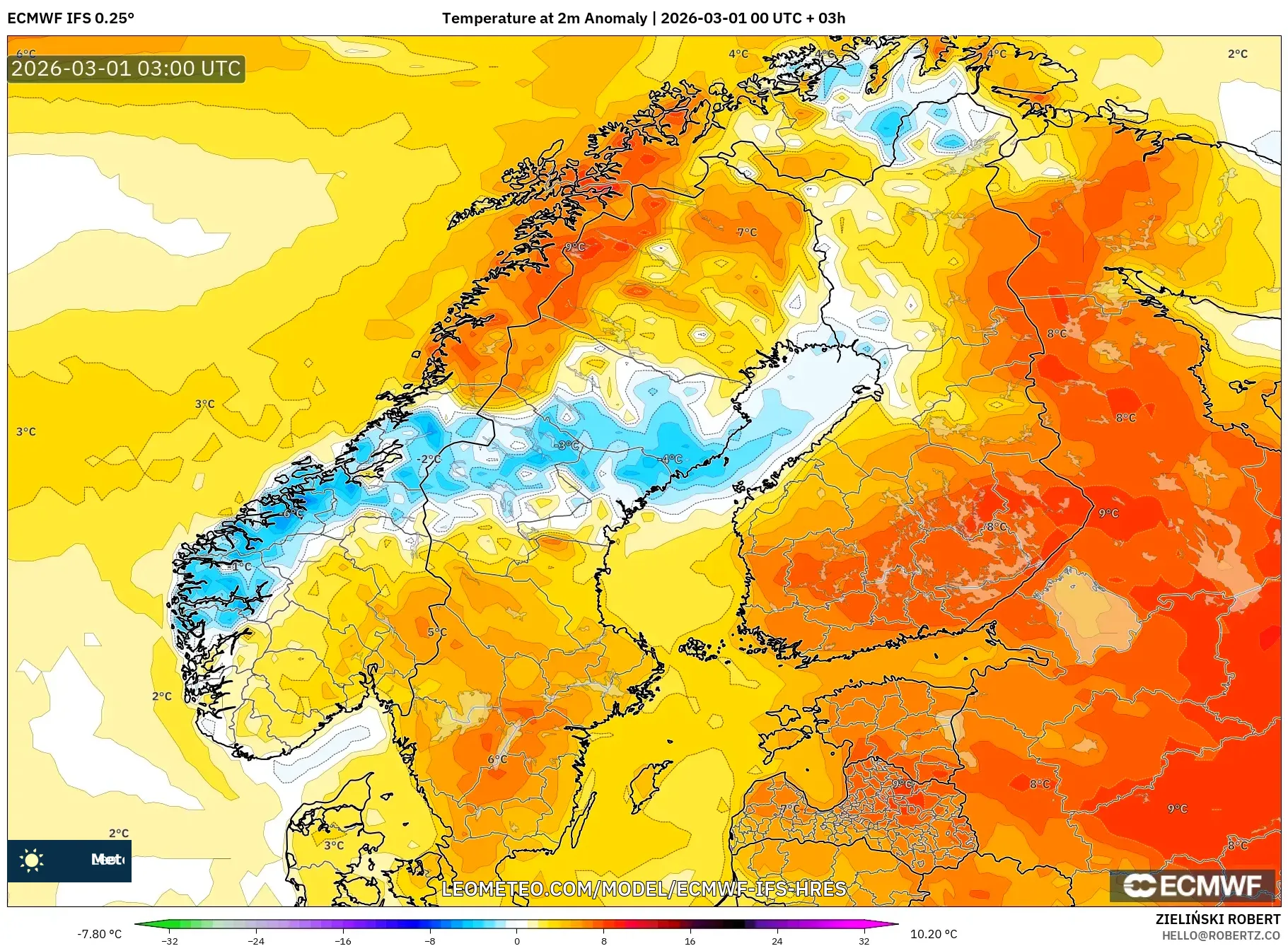 ECMWF IFS 0.25° model - Scandinavia, Temperature at 2m Anomaly