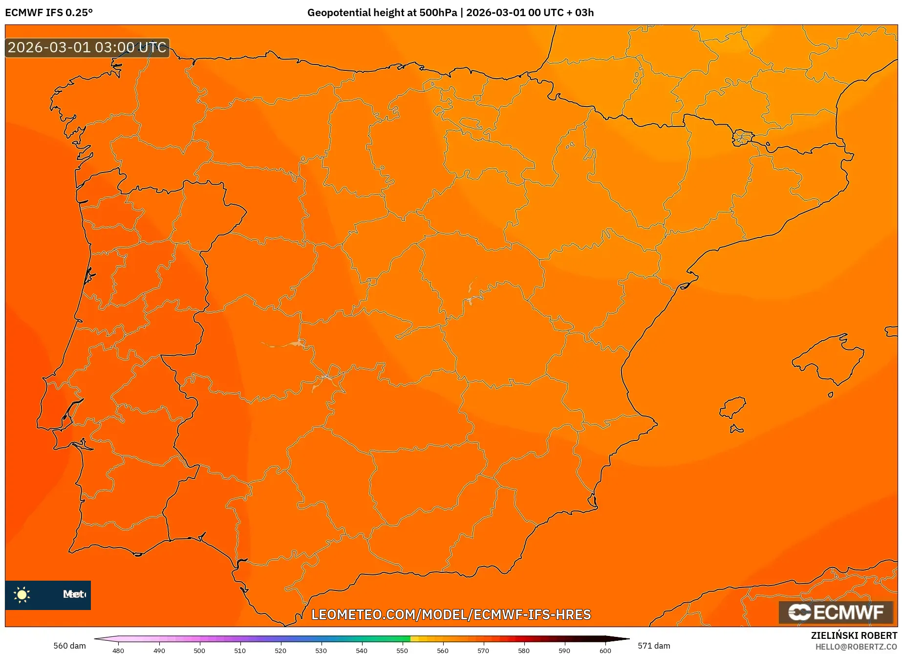 ECMWF IFS 0.25° model - Spain, Geopotential height at 500hPa