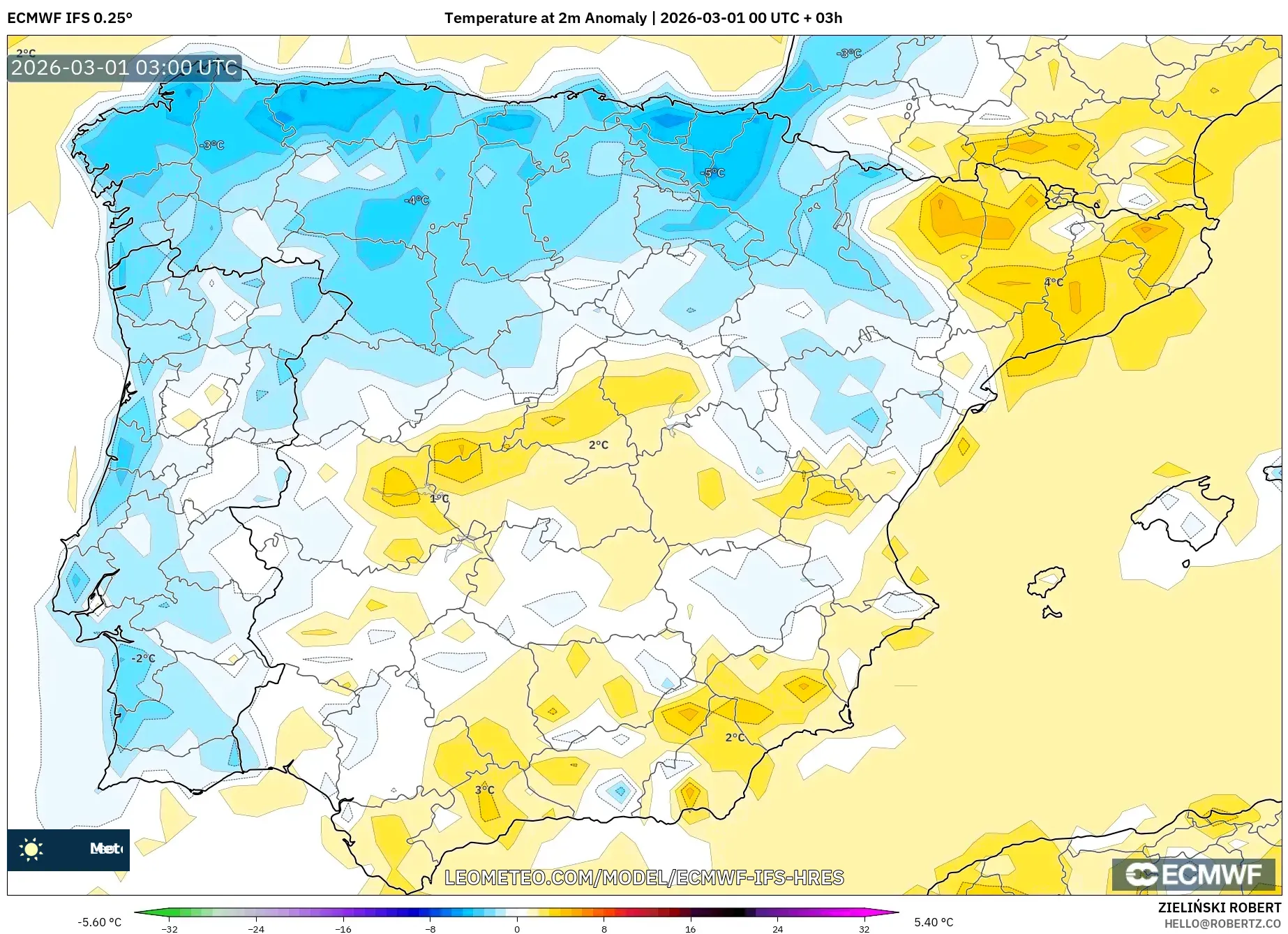 ECMWF IFS 0.25° model - Spain, Temperature at 2m Anomaly