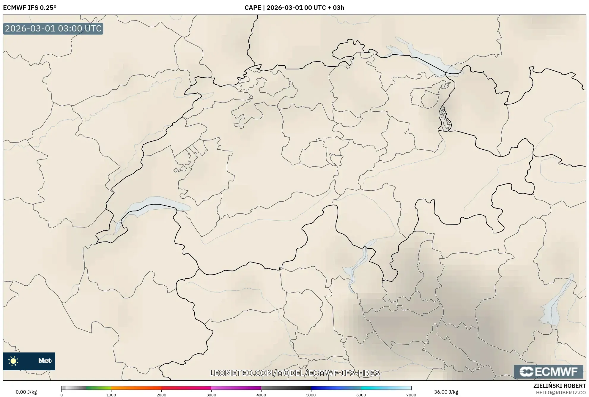 ECMWF IFS 0.25° model - Switzerland, CAPE