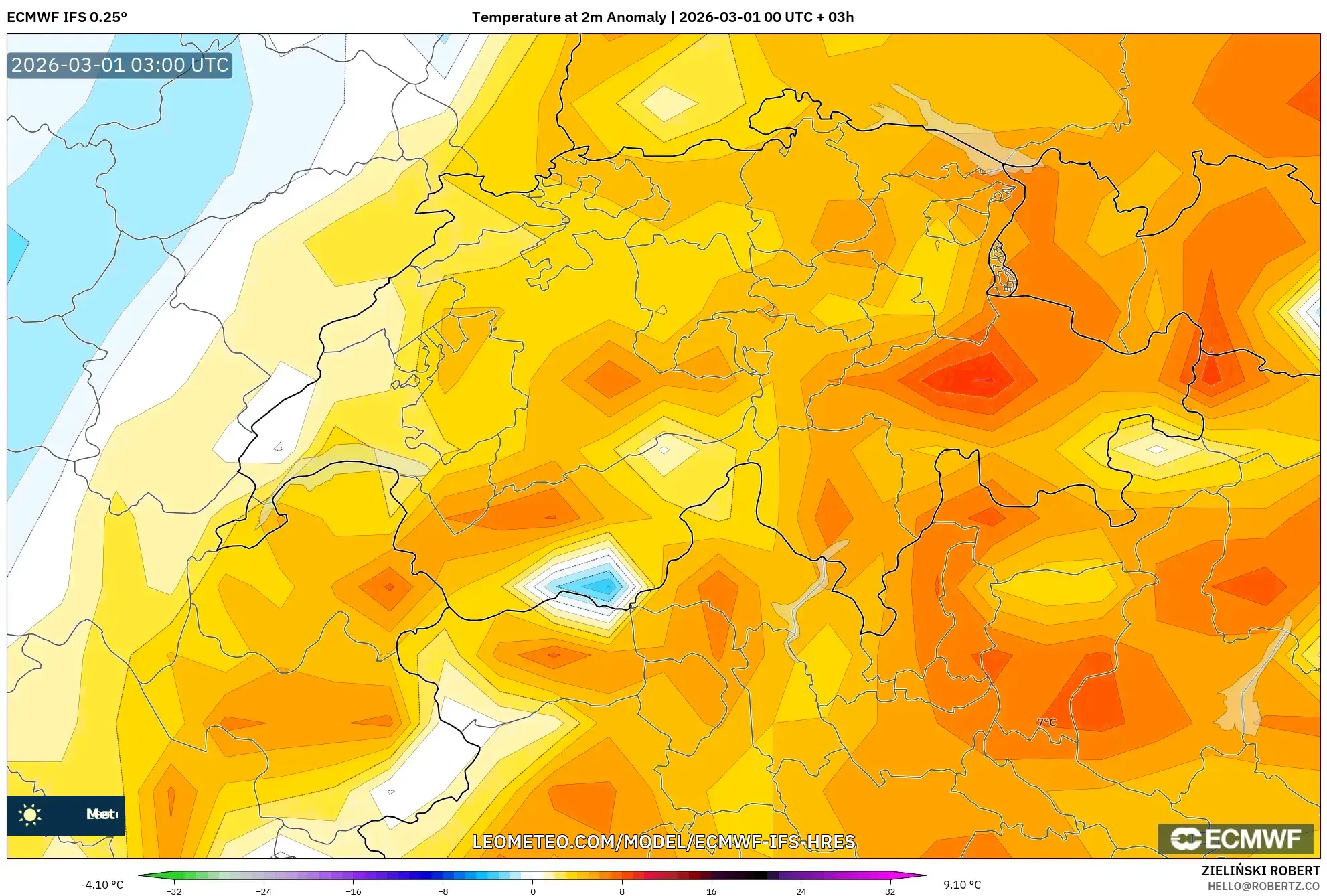 ECMWF IFS 0.25° model - Switzerland, Temperature at 2m Anomaly