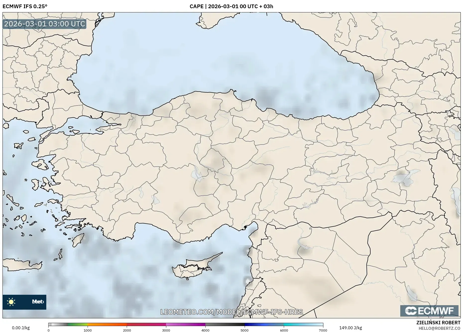 ECMWF IFS 0.25° model - Turkey, CAPE