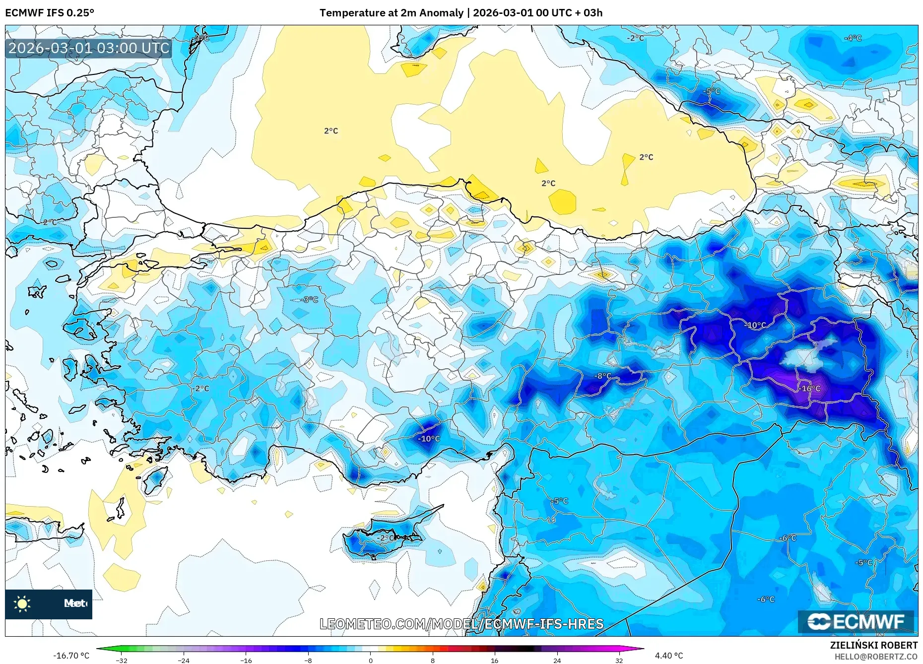 ECMWF IFS 0.25° model - Turkey, Temperature at 2m Anomaly