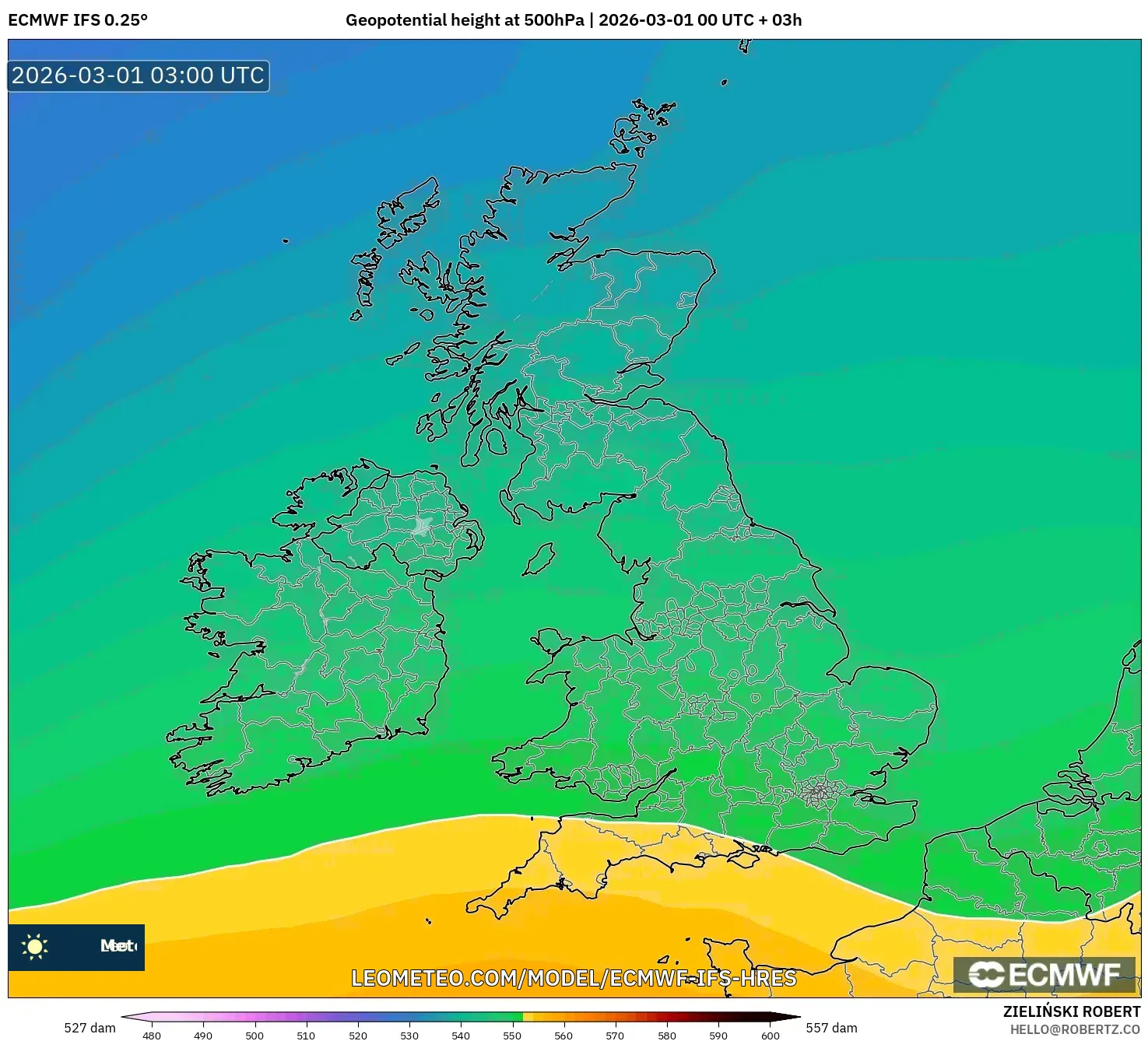 ECMWF IFS 0.25° model - United Kingdom, Geopotential height at 500hPa