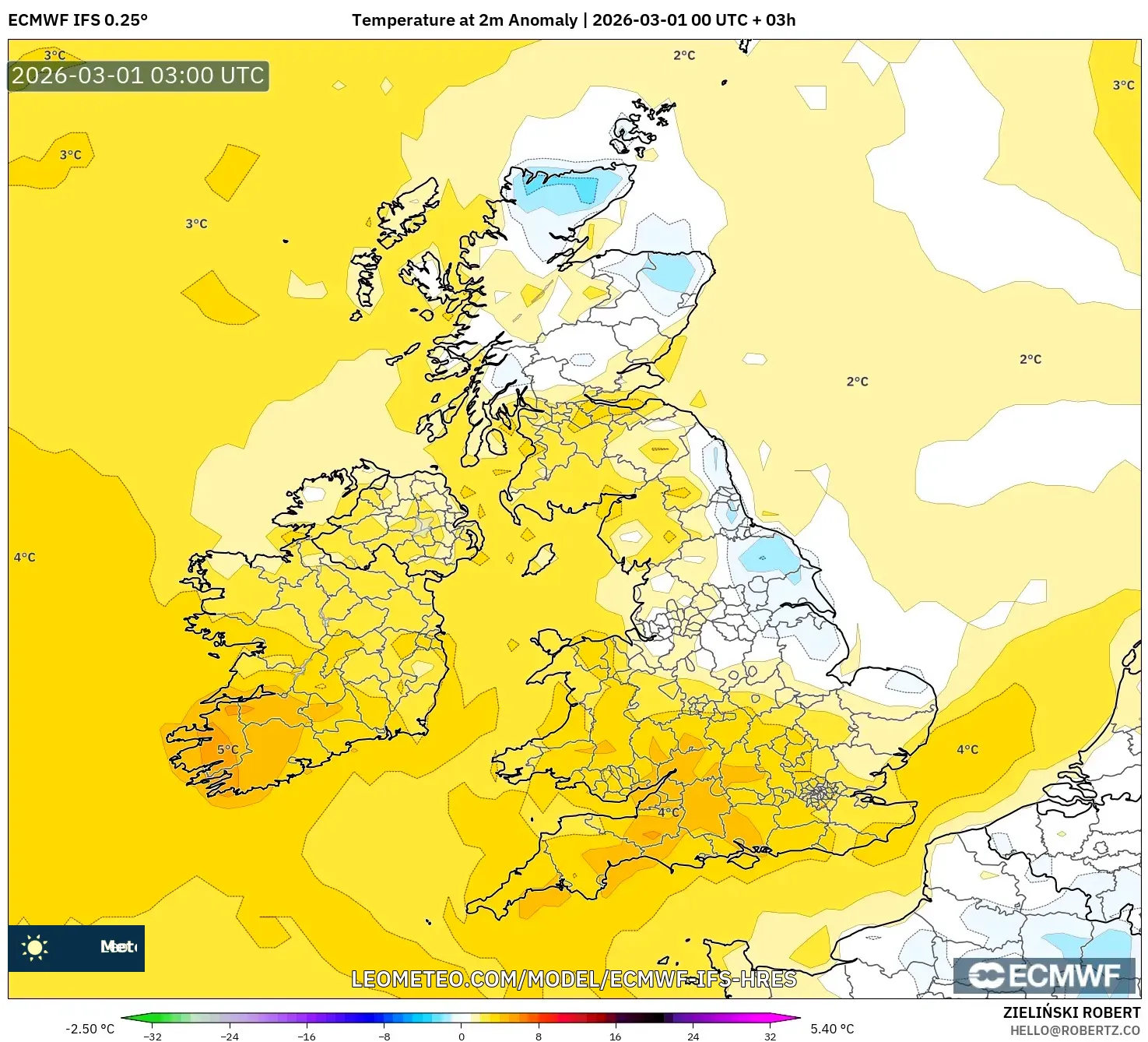 ECMWF IFS 0.25° model - United Kingdom, Temperature at 2m Anomaly