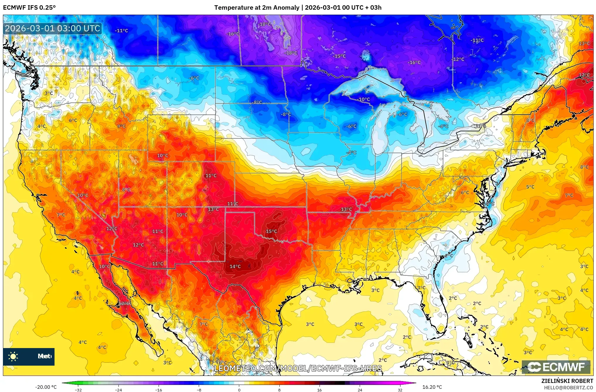ECMWF IFS 0.25° model - United States, Temperature at 2m Anomaly
