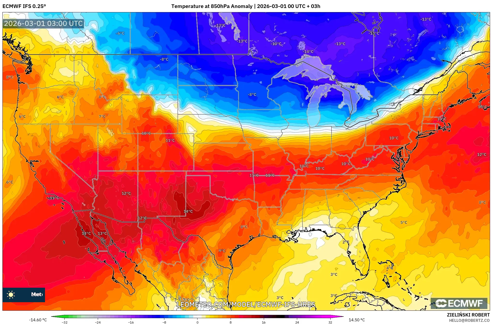ECMWF IFS 0.25° model - United States, Temperature at 850hPa Anomaly