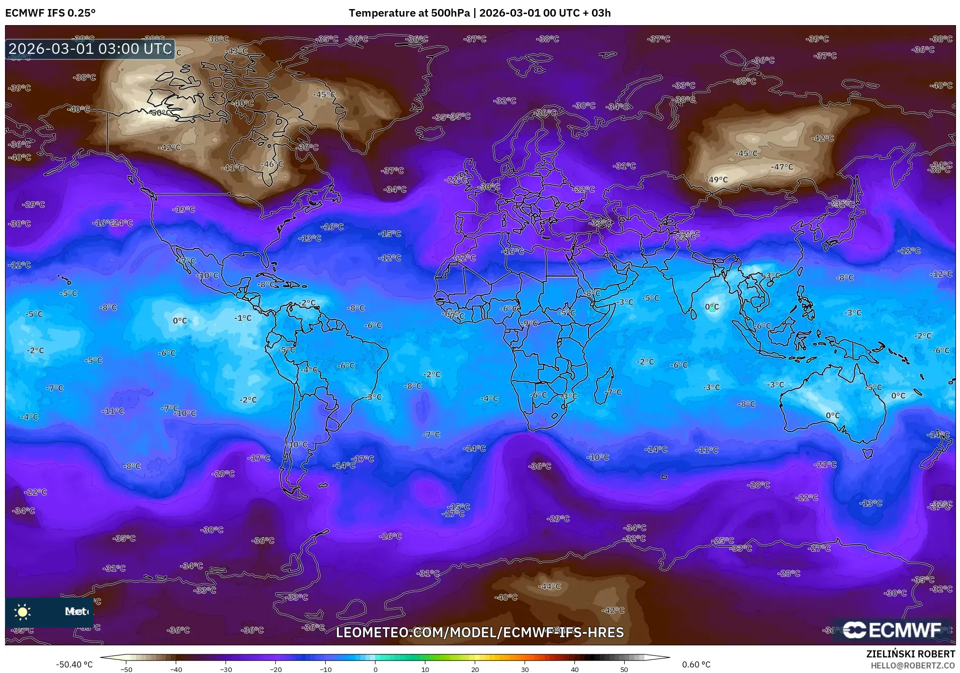 ECMWF IFS 0.25° model - World, Temperature at 500hPa