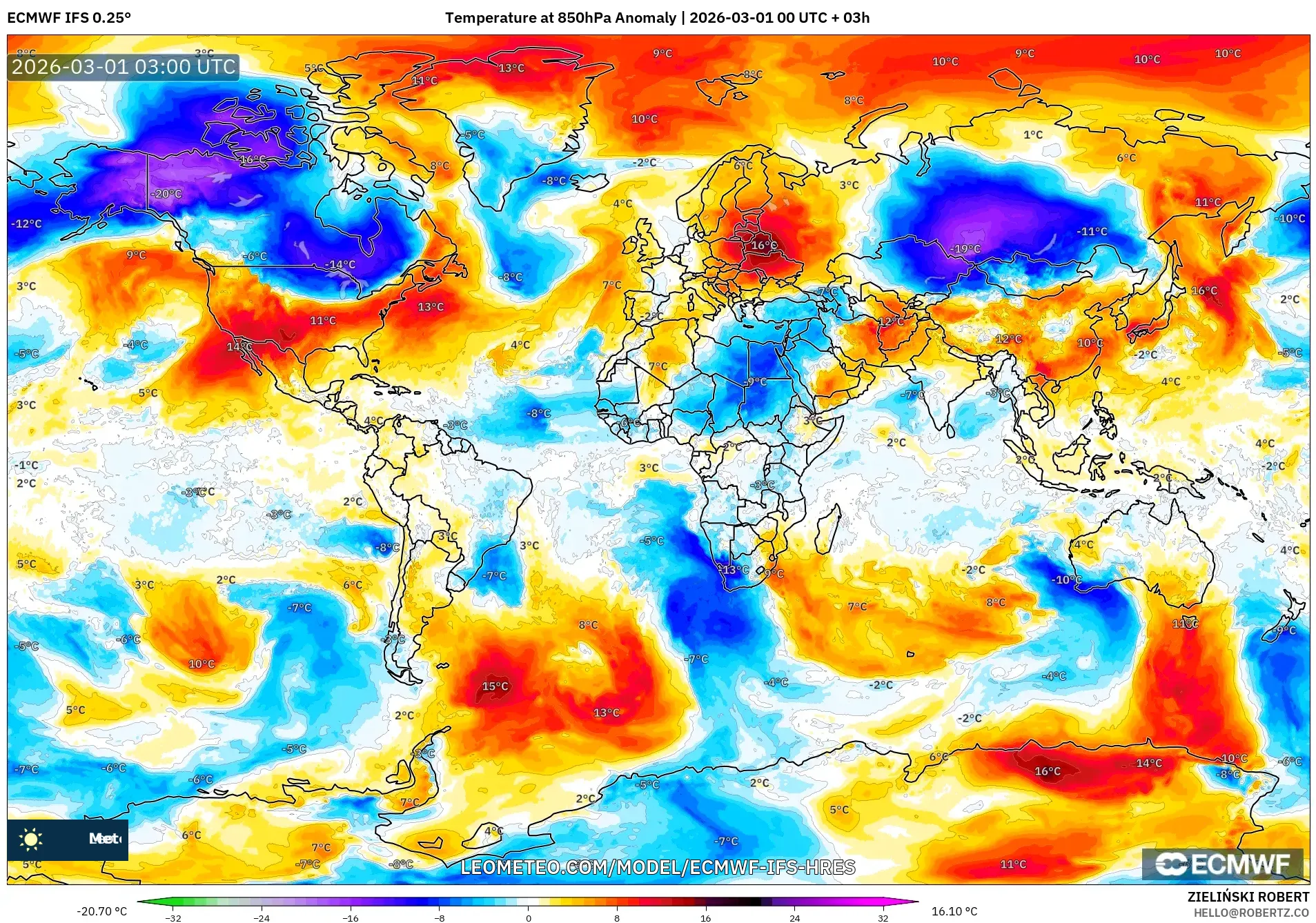 ECMWF IFS 0.25° model - World, Temperature at 850hPa Anomaly