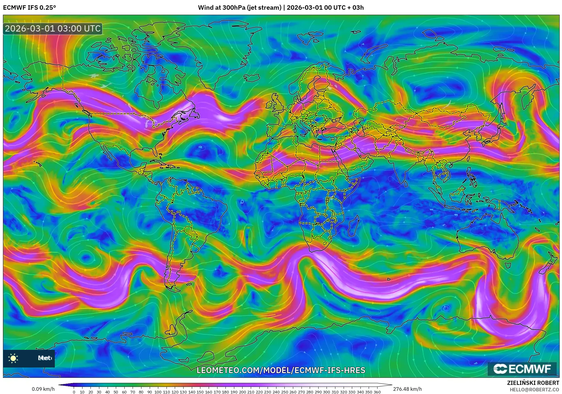 ECMWF IFS 0.25° model - World, Wind at 300hPa (jet stream)