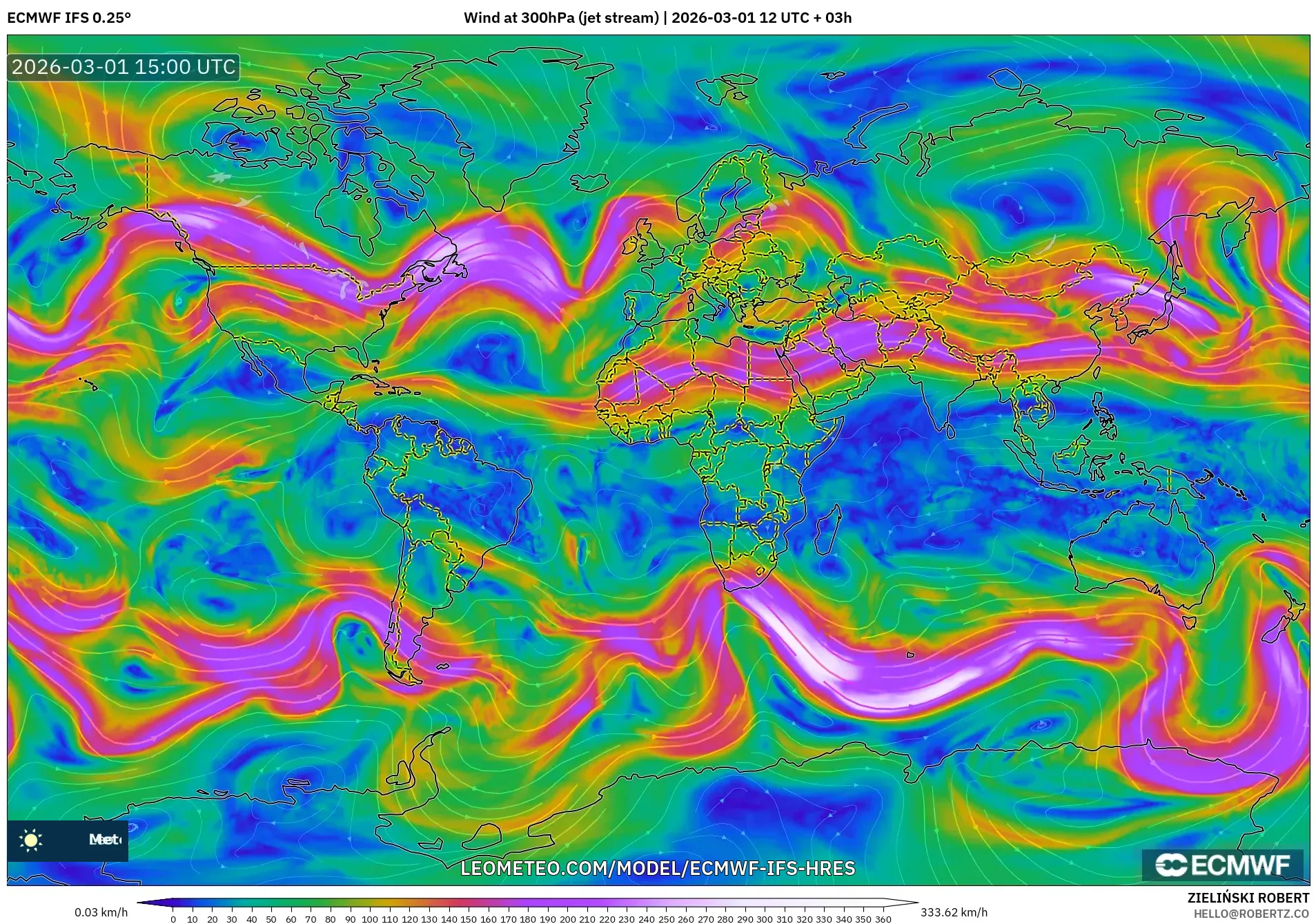 ECMWF IFS 0.25° model - World, Wind at 300hPa (jet stream)
