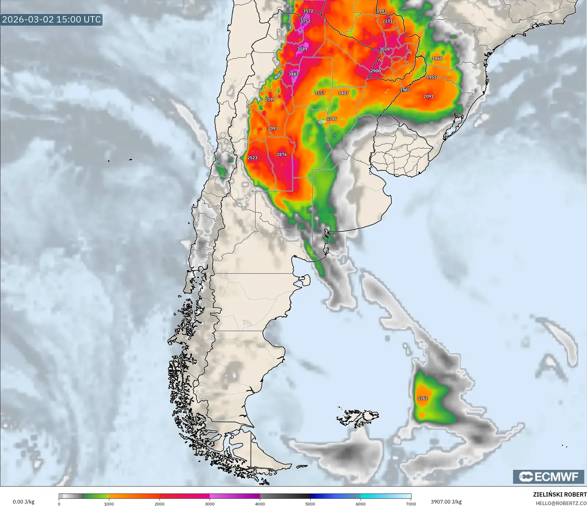 ECMWF IFS 0.25° model - Argentina, CAPE