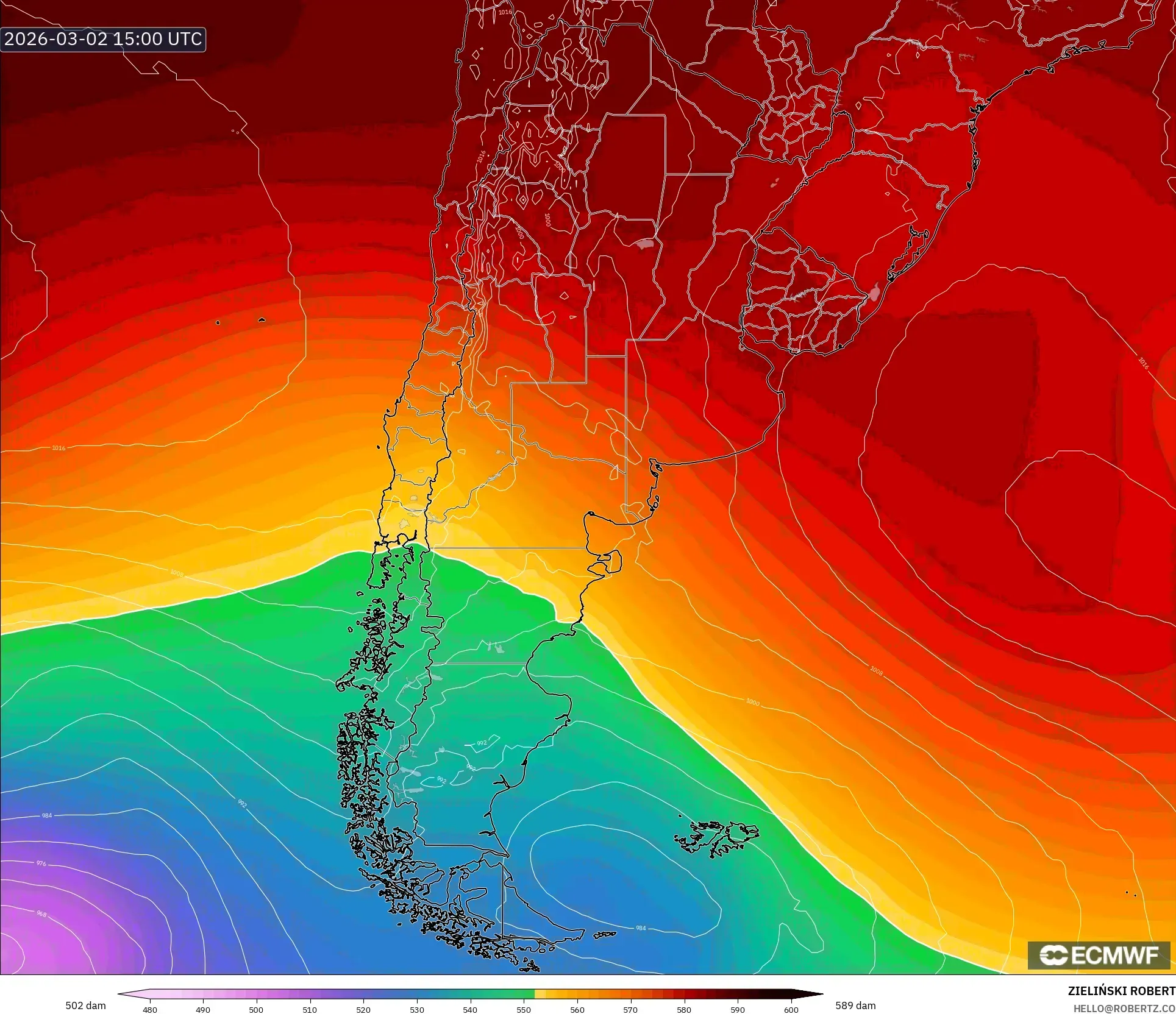 ECMWF IFS 0.25° model - Argentina, Geopotential height at 500hPa