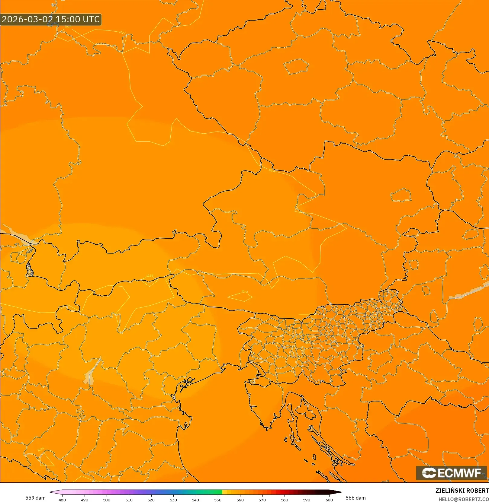 ECMWF IFS 0.25° model - Austria, Geopotential height at 500hPa