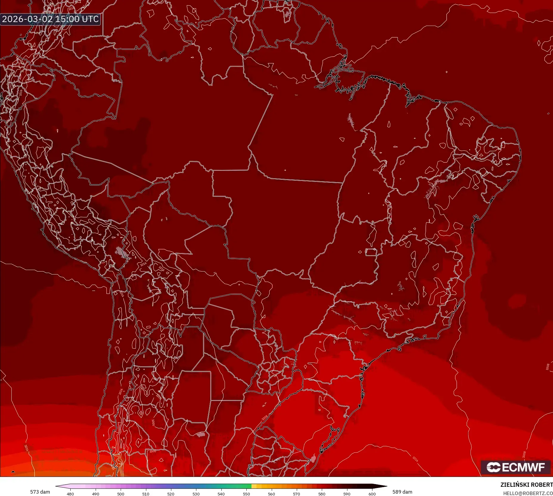 ECMWF IFS 0.25° model - Brazil, Geopotential height at 500hPa