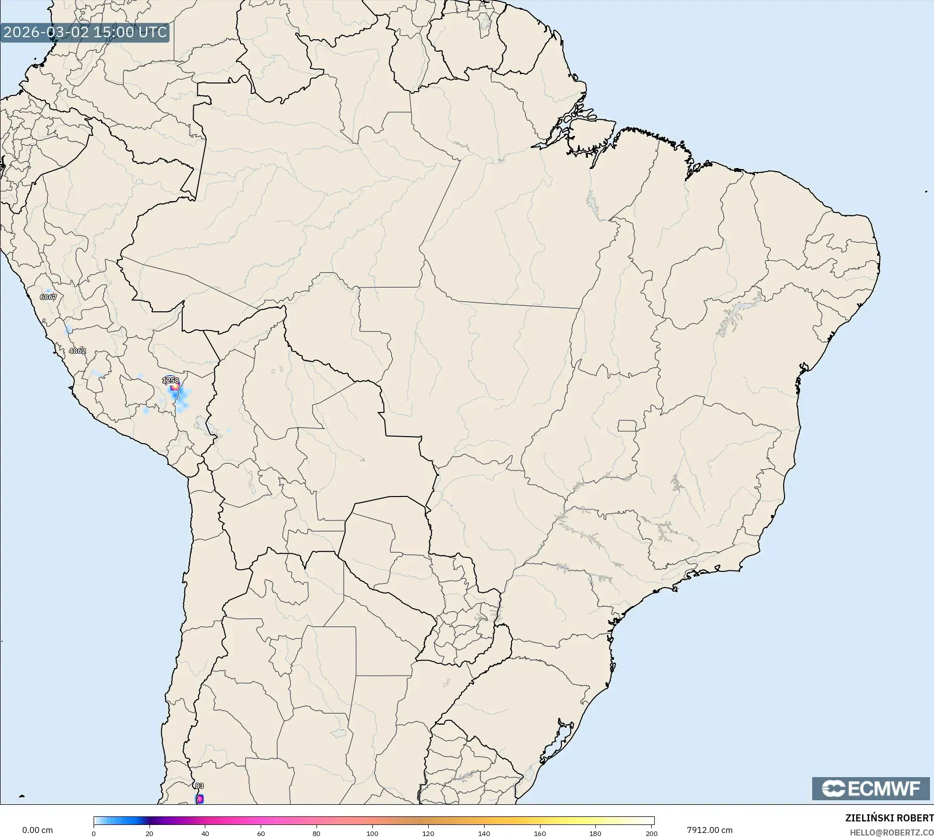 ECMWF IFS 0.25° model - Brazil, Snow Depth