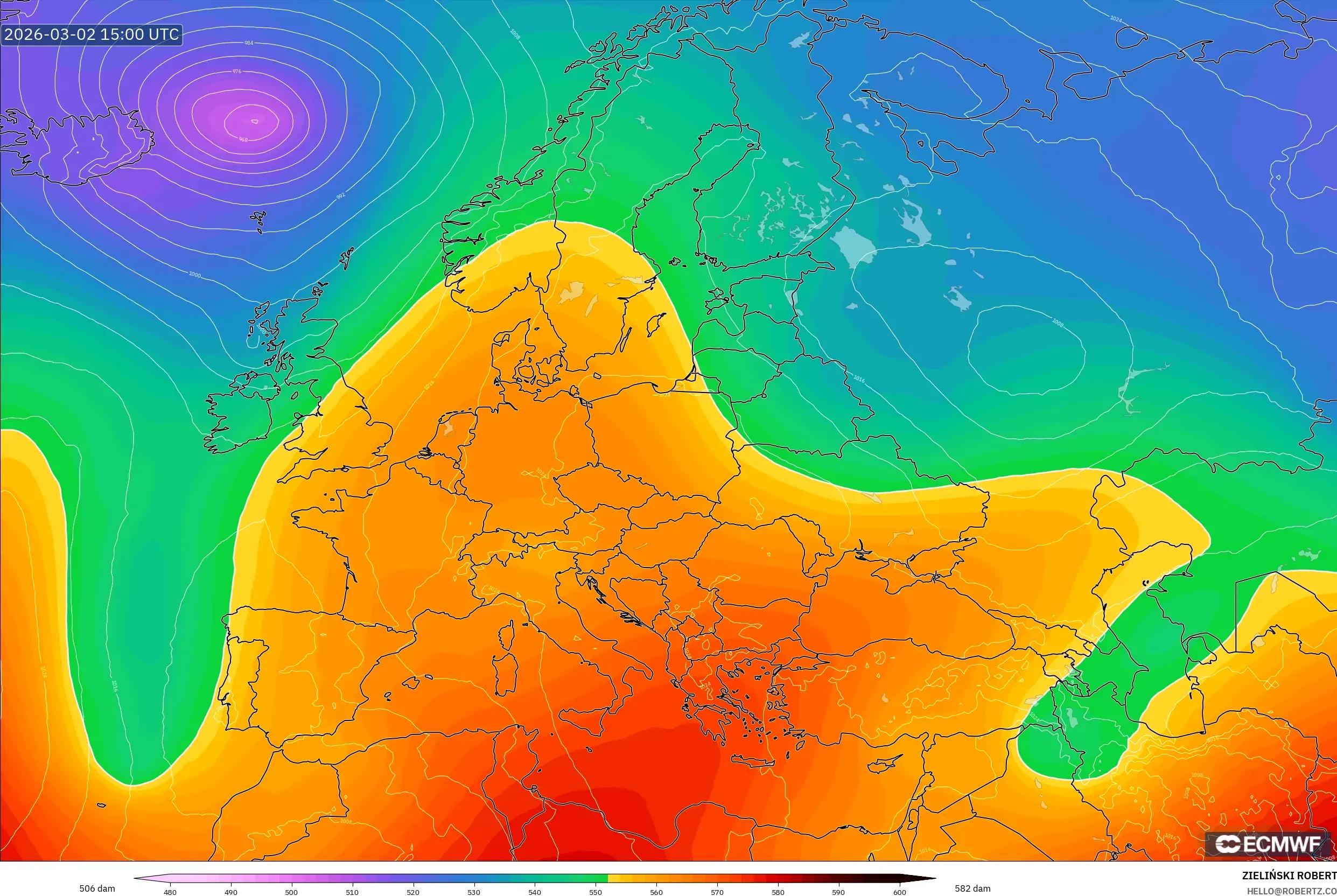 ECMWF IFS 0.25° model - Europe, Geopotential height at 500hPa